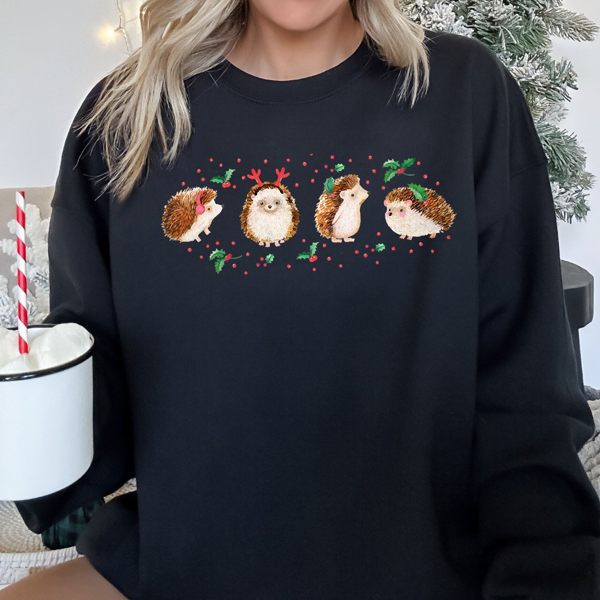 Christmas Hedgehog Cozy Winter Seasonal Scene With Festive Trees Snowflakes Sweatshirt