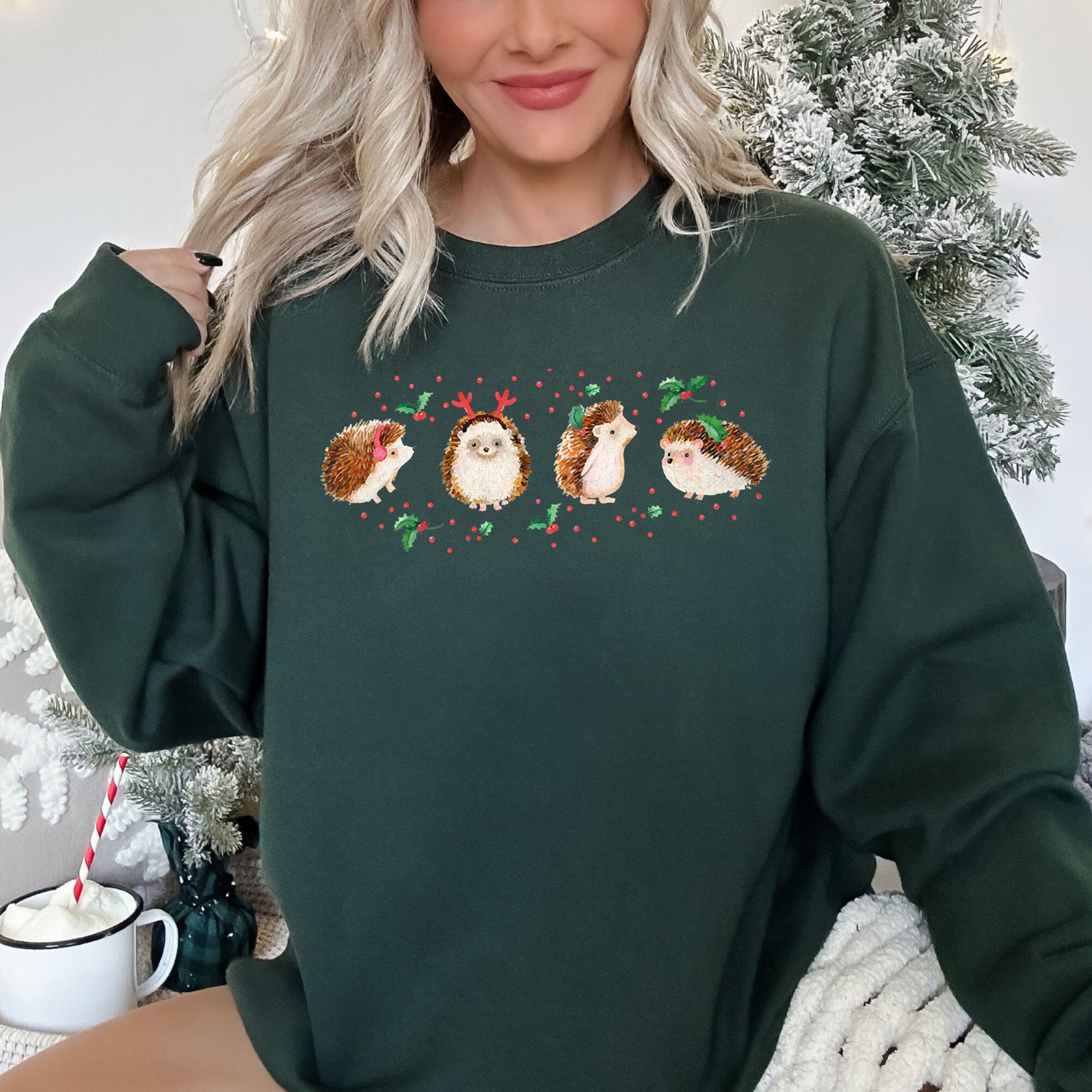 Christmas Hedgehog Cozy Winter Seasonal Scene With Festive Trees Snowflakes Sweatshirt