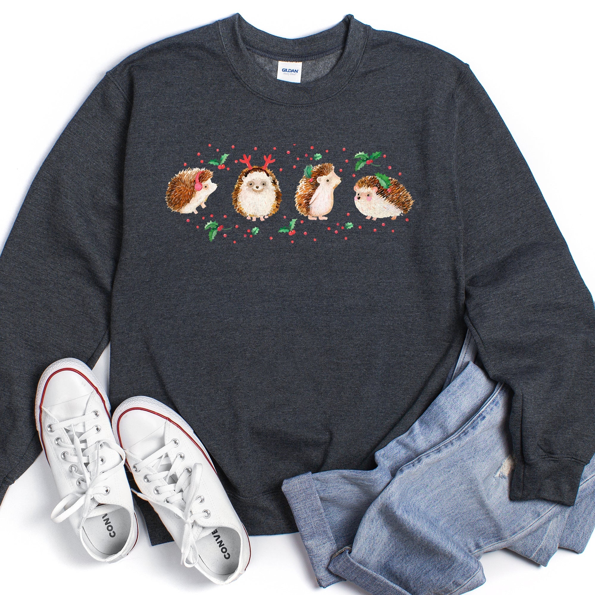 Christmas Hedgehog Cozy Winter Seasonal Scene With Festive Trees Snowflakes Sweatshirt