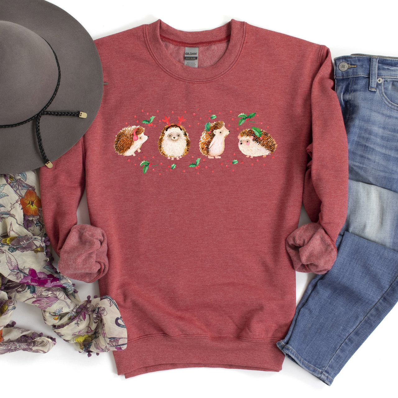 Christmas Hedgehog Cozy Winter Seasonal Scene With Festive Trees Snowflakes Sweatshirt