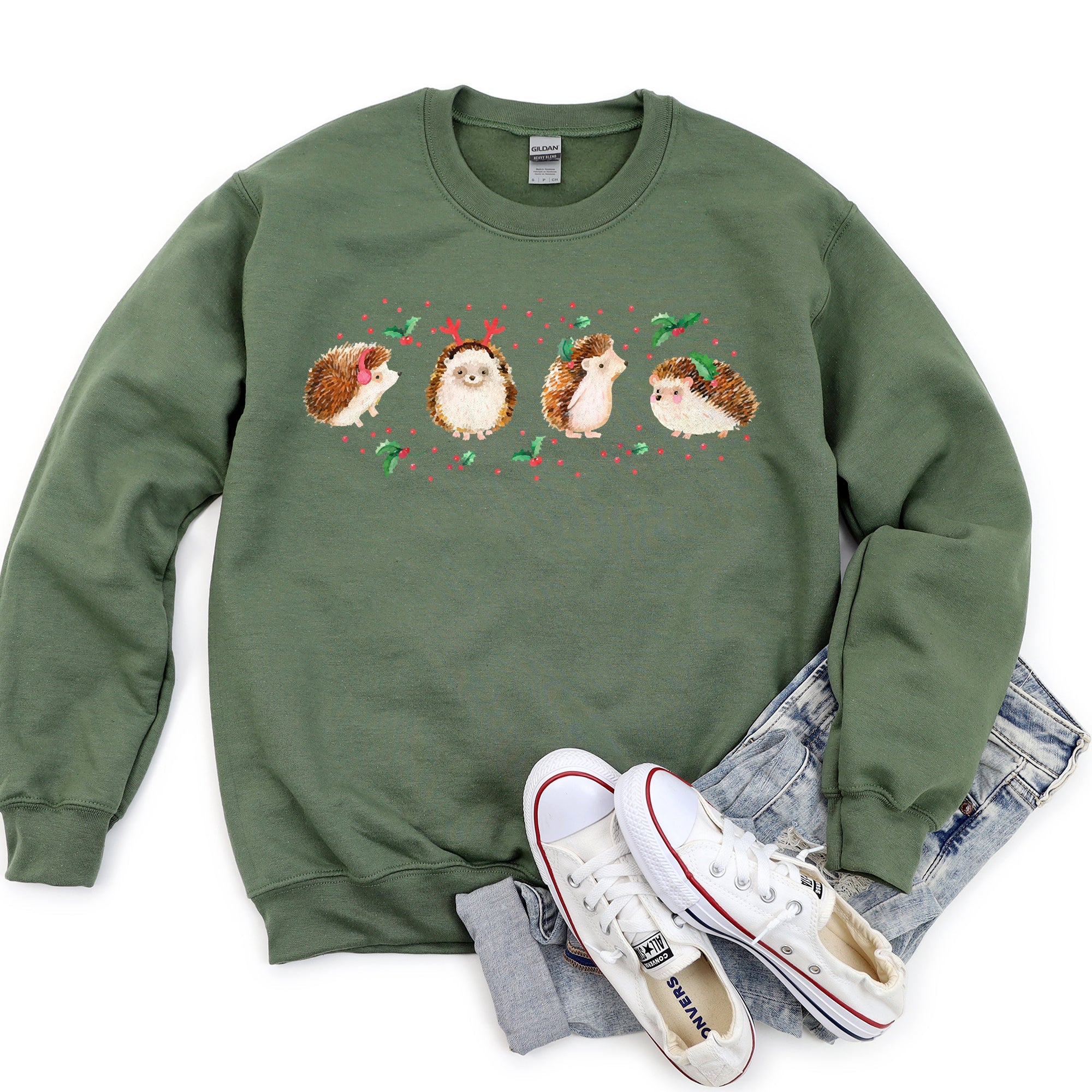 Christmas Hedgehog Cozy Winter Seasonal Scene With Festive Trees Snowflakes Sweatshirt
