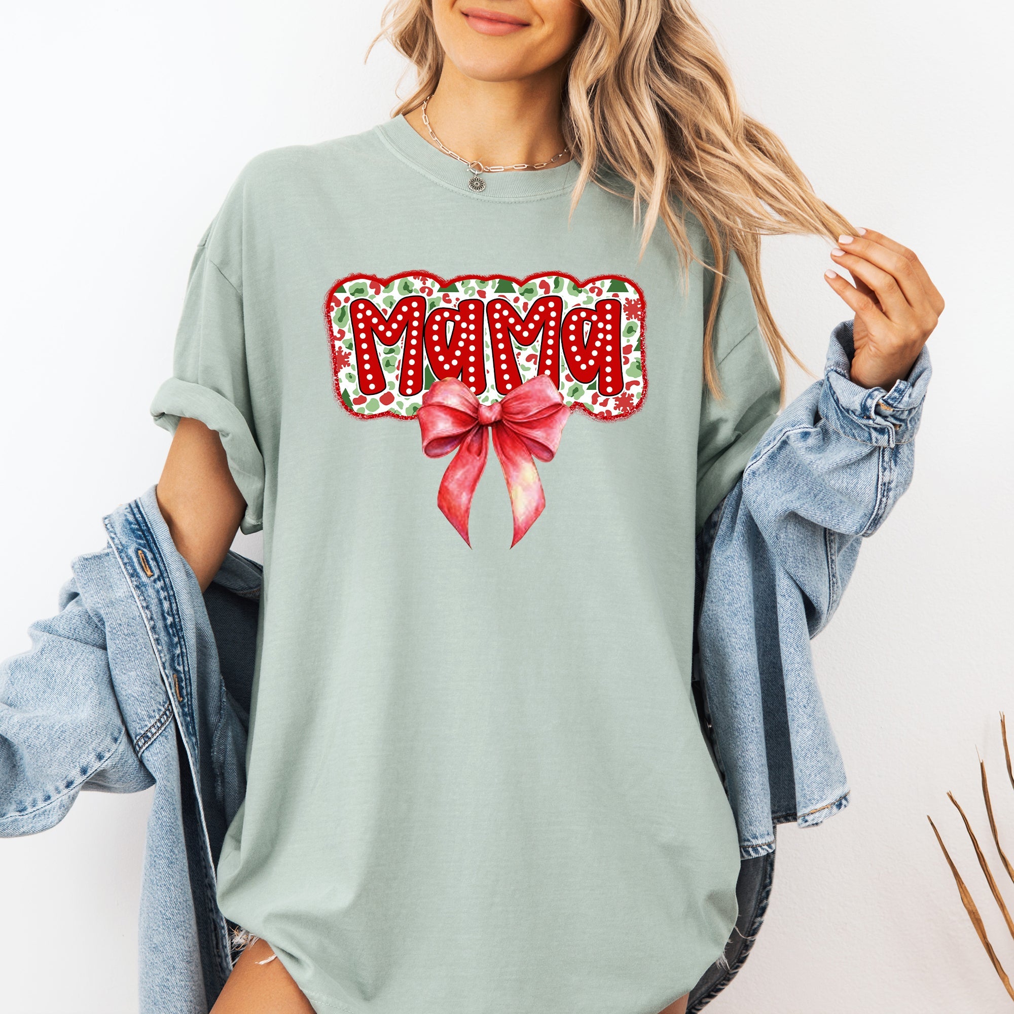 Christmas Mama Ribbon Bows Santa Classic Retro Tshirt Graphic Comfort Colors Tee