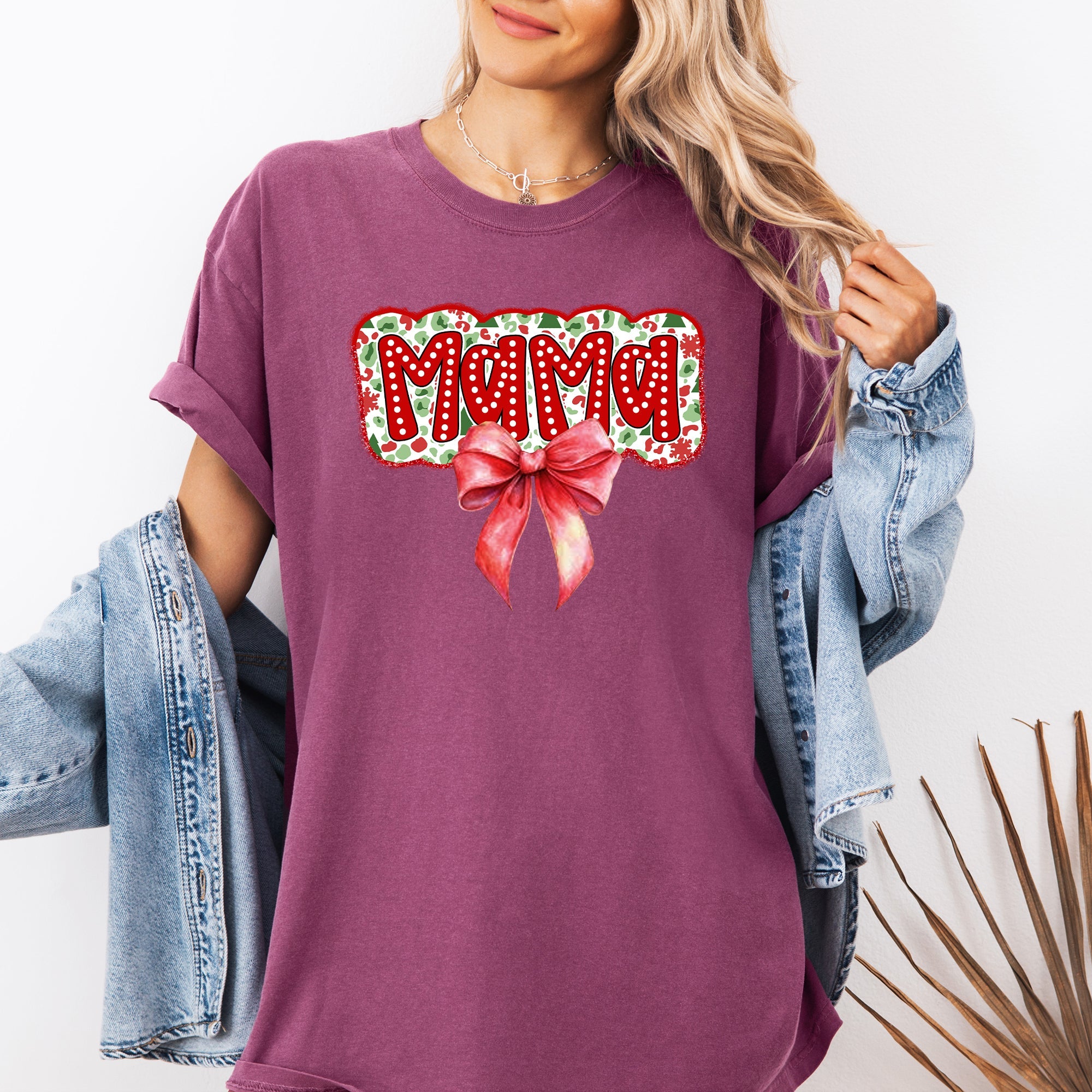 Christmas Mama Ribbon Bows Santa Classic Retro Tshirt Graphic Comfort Colors Tee