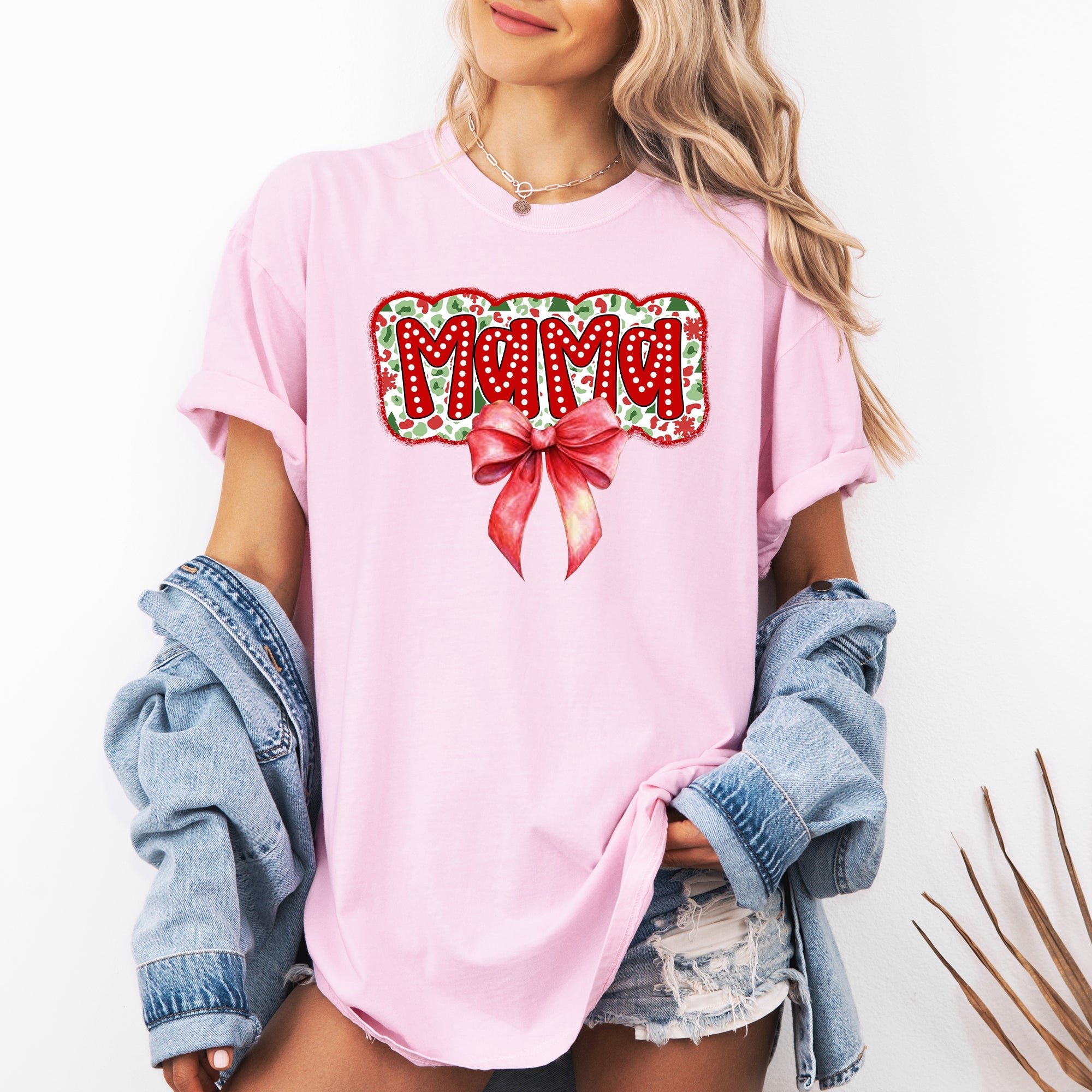Christmas Mama Ribbon Bows Santa Classic Retro Tshirt Graphic Comfort Colors Tee