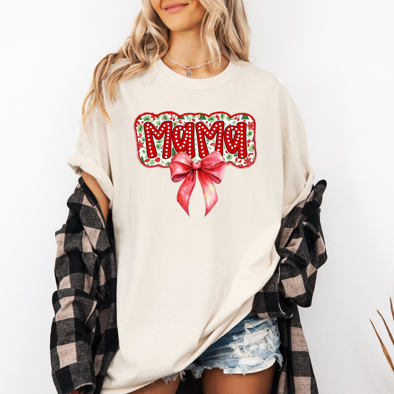 Christmas Mama Ribbon Bows Santa Classic Retro Tshirt Graphic Comfort Colors Tee