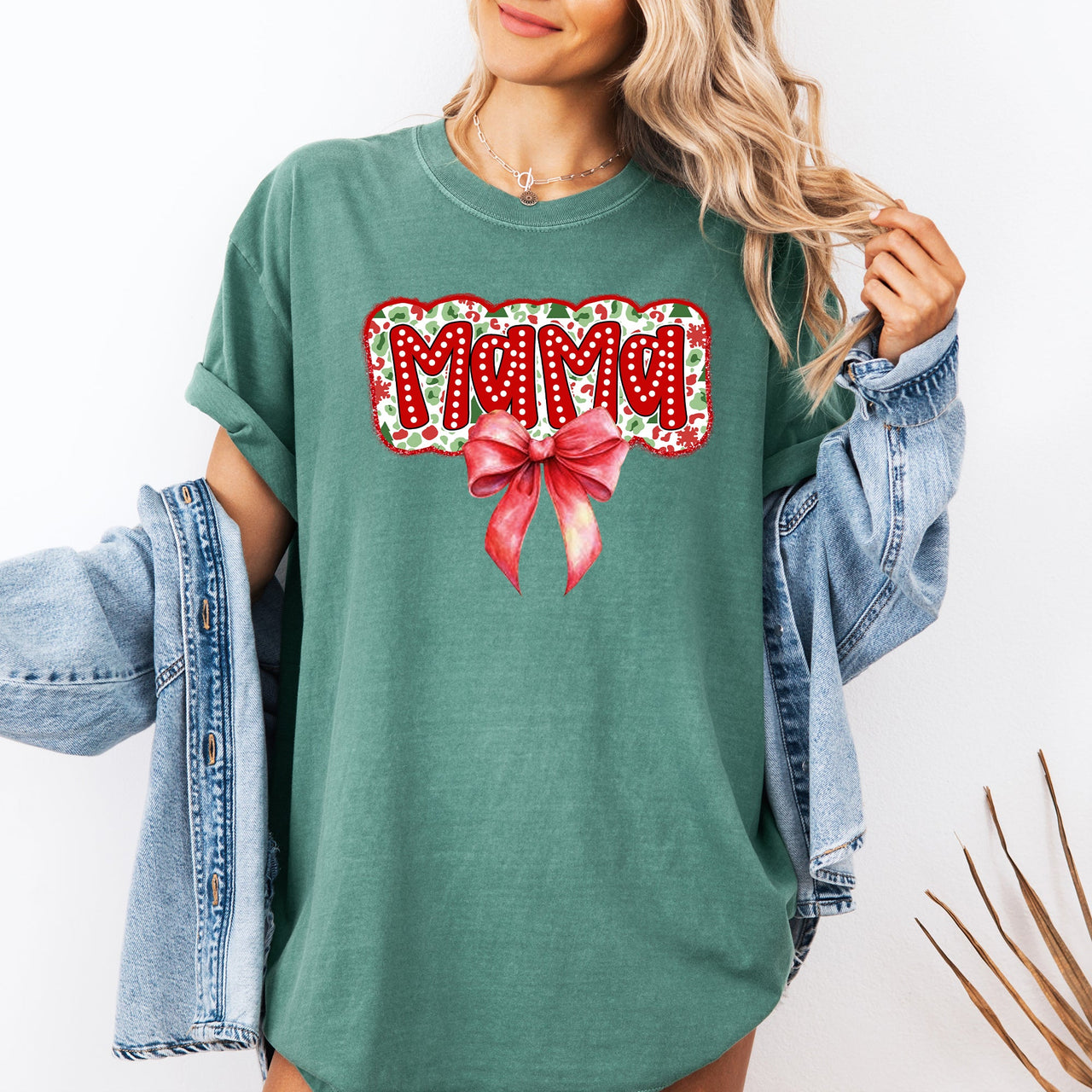 Christmas Mama Ribbon Bows Santa Classic Retro Tshirt Graphic Comfort Colors Tee