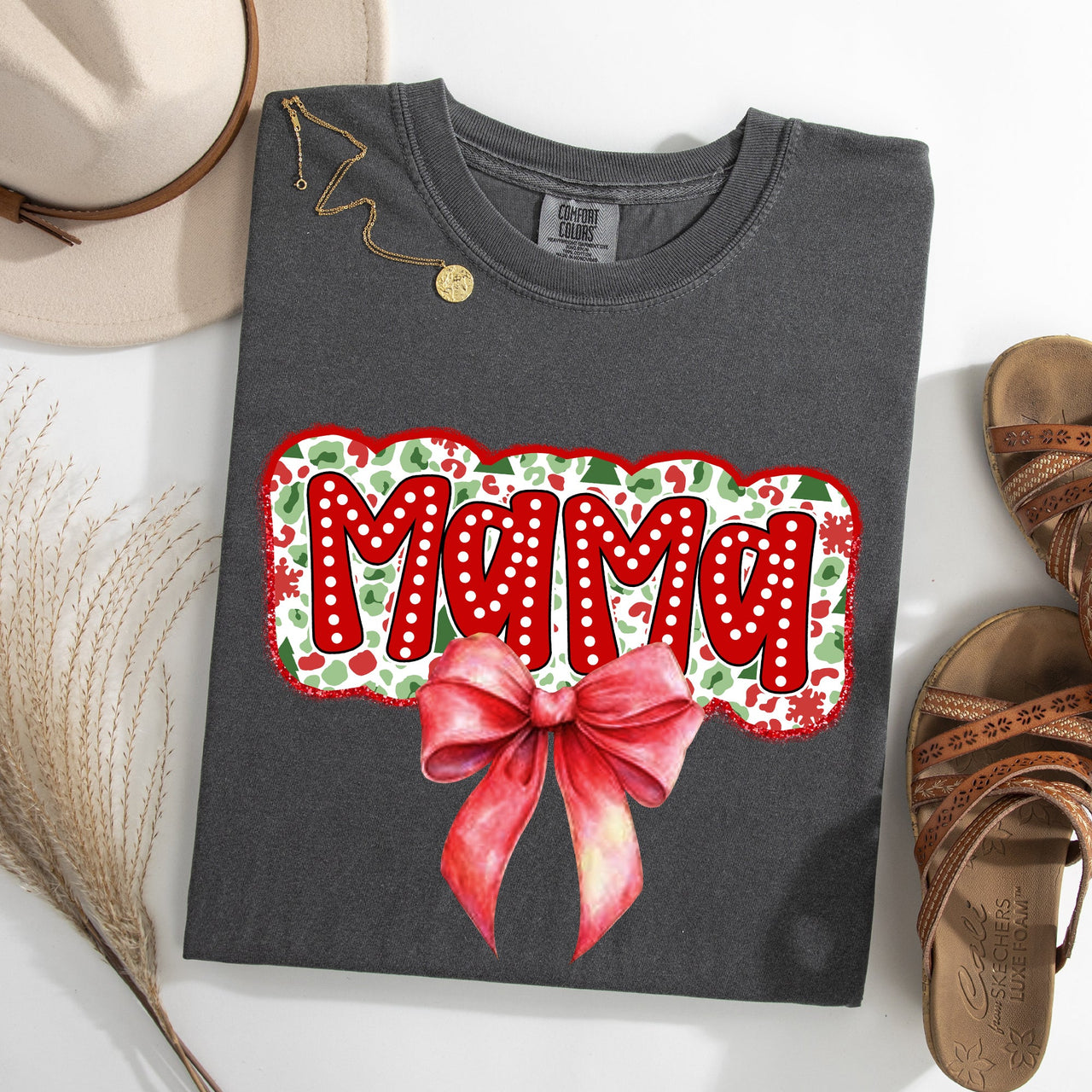 Christmas Mama Ribbon Bows Santa Classic Retro Tshirt Graphic Comfort Colors Tee