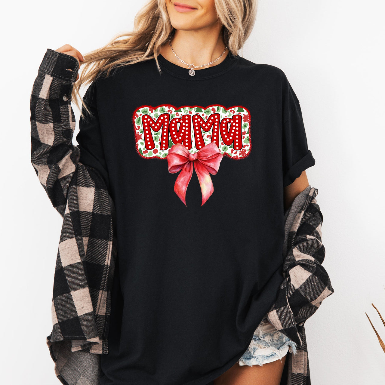 Christmas Mama Ribbon Bows Santa Classic Retro Tshirt Graphic Comfort Colors Tee