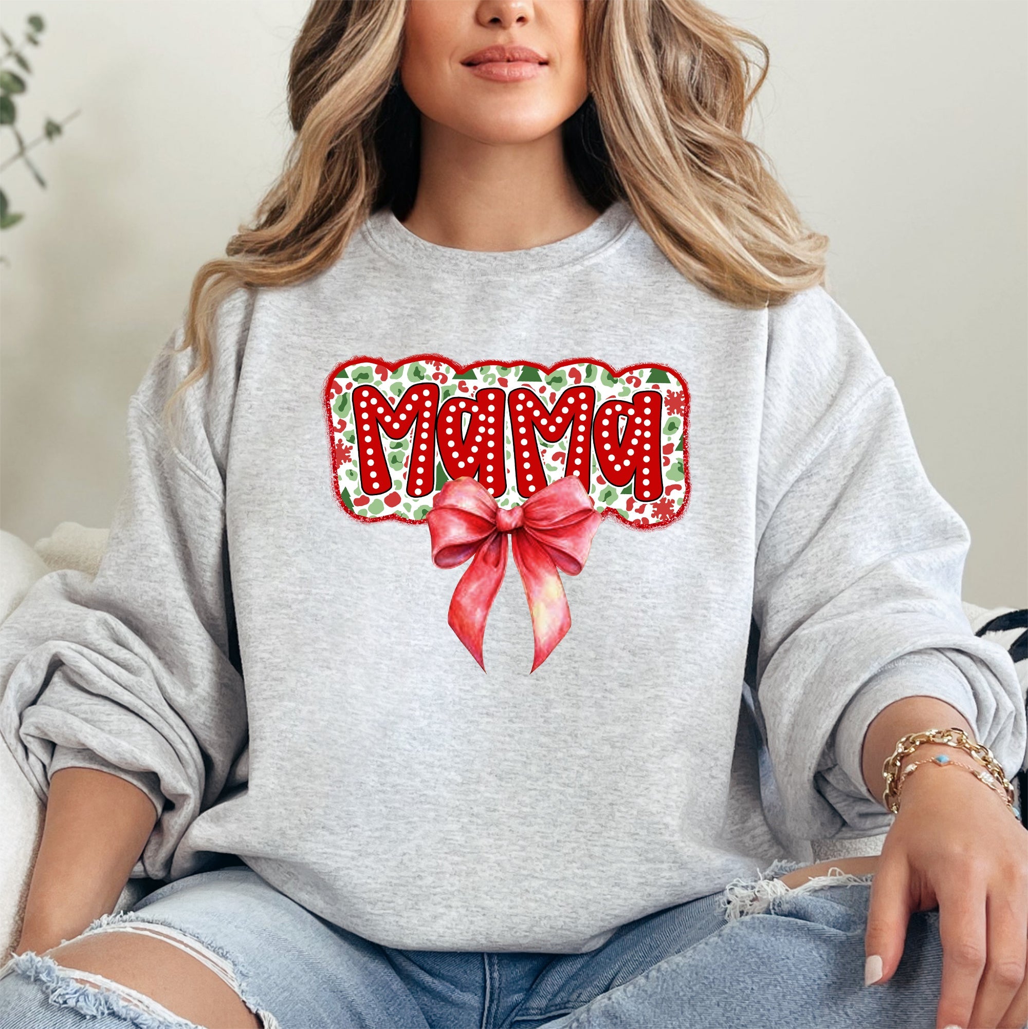 Christmas Mama Ribbon Bows Classic Retro Santa Holiday Cheer Cozy Christmas Sweatshirt