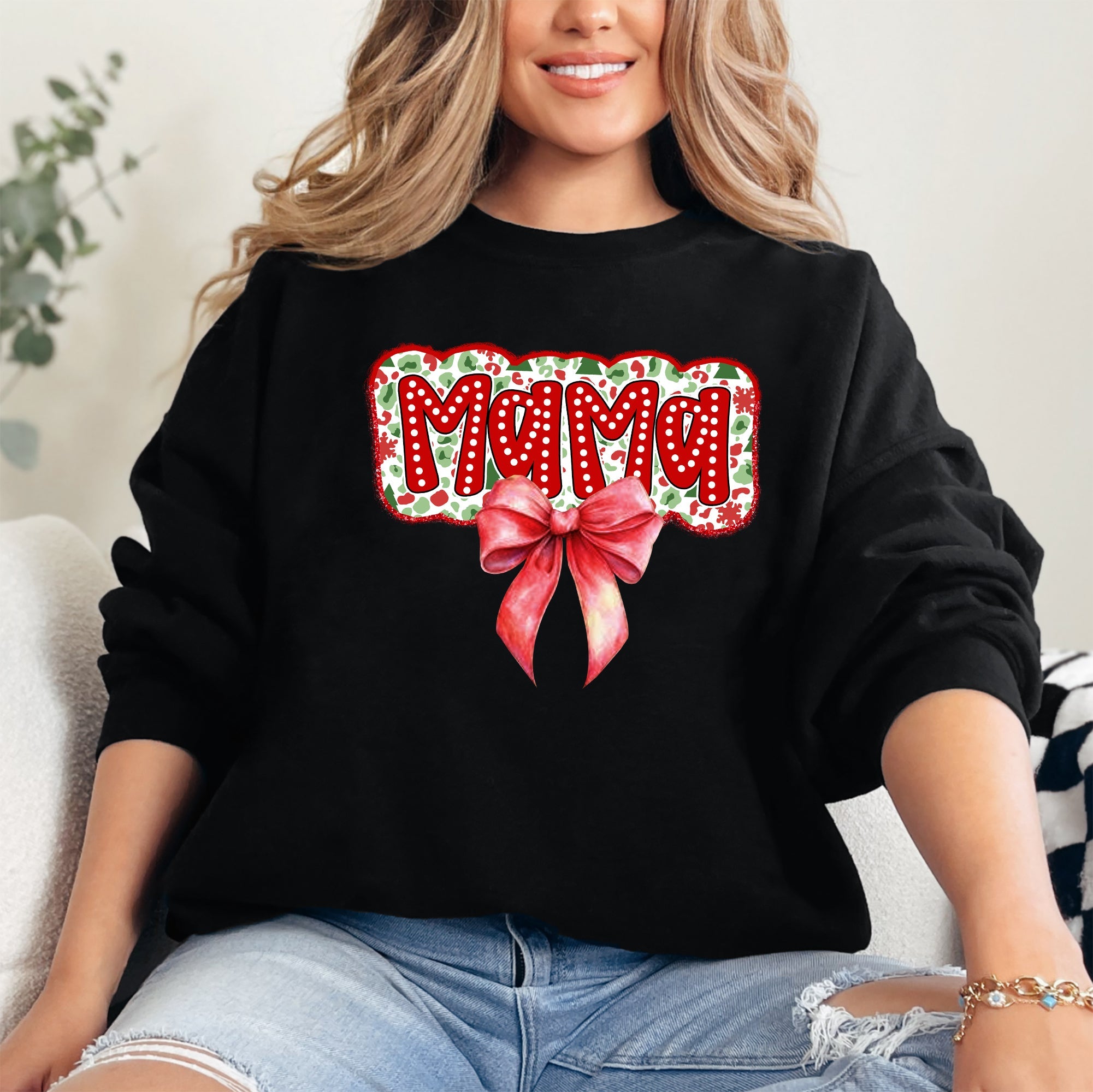 Christmas Mama Ribbon Bows Classic Retro Santa Holiday Cheer Cozy Christmas Sweatshirt