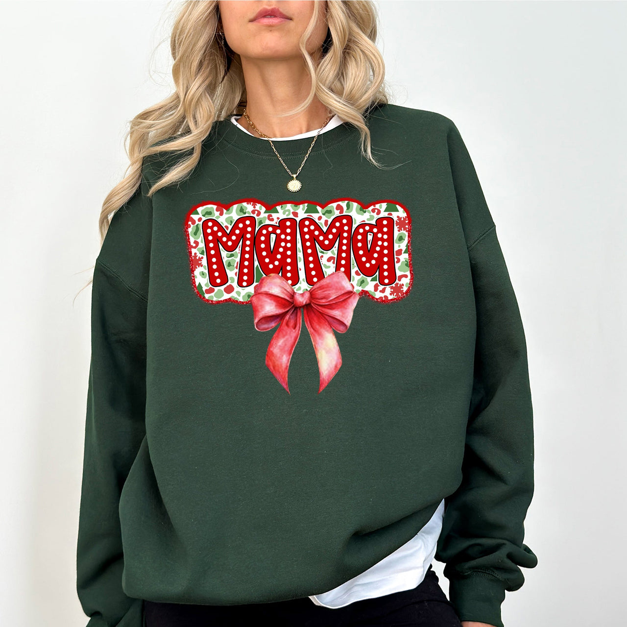 Christmas Mama Ribbon Bows Classic Retro Santa Holiday Cheer Cozy Christmas Sweatshirt