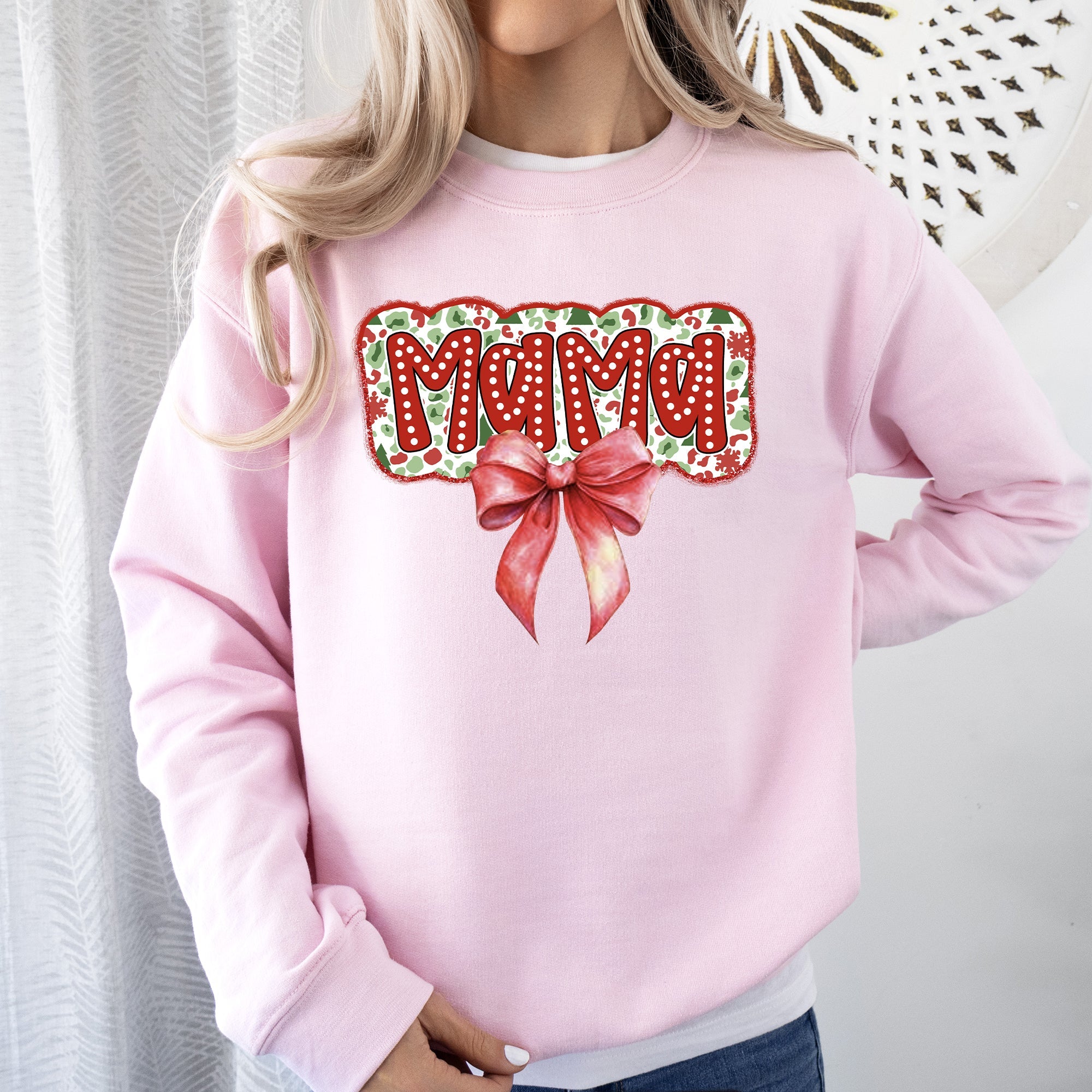 Christmas Mama Ribbon Bows Classic Retro Santa Holiday Cheer Cozy Christmas Sweatshirt