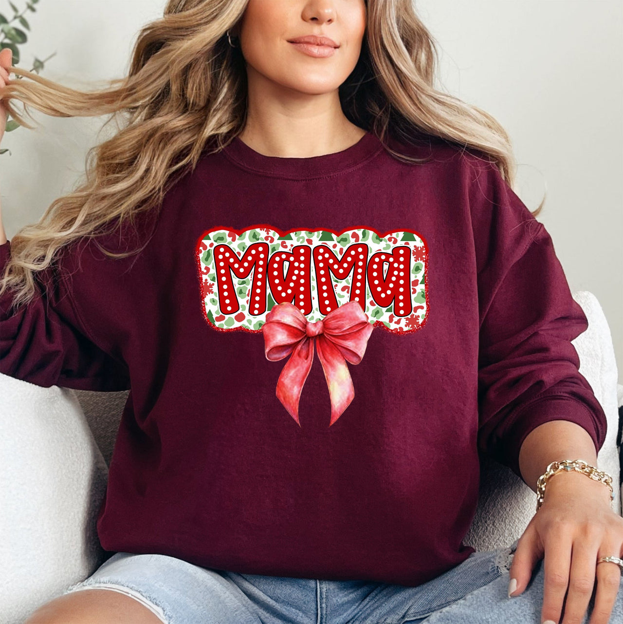 Christmas Mama Ribbon Bows Classic Retro Santa Holiday Cheer Cozy Christmas Sweatshirt