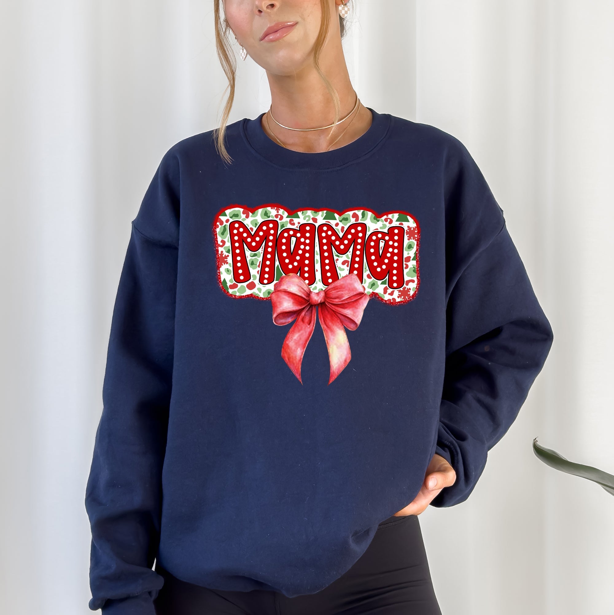 Christmas Mama Ribbon Bows Classic Retro Santa Holiday Cheer Cozy Christmas Sweatshirt