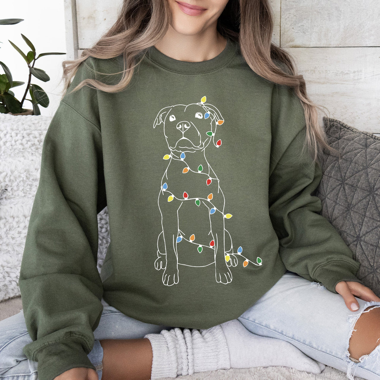 Christmas Pit Bull Lights Santa Dog Lover Holiday Cheer Seasonal Cozy Fleece Sweatshirt