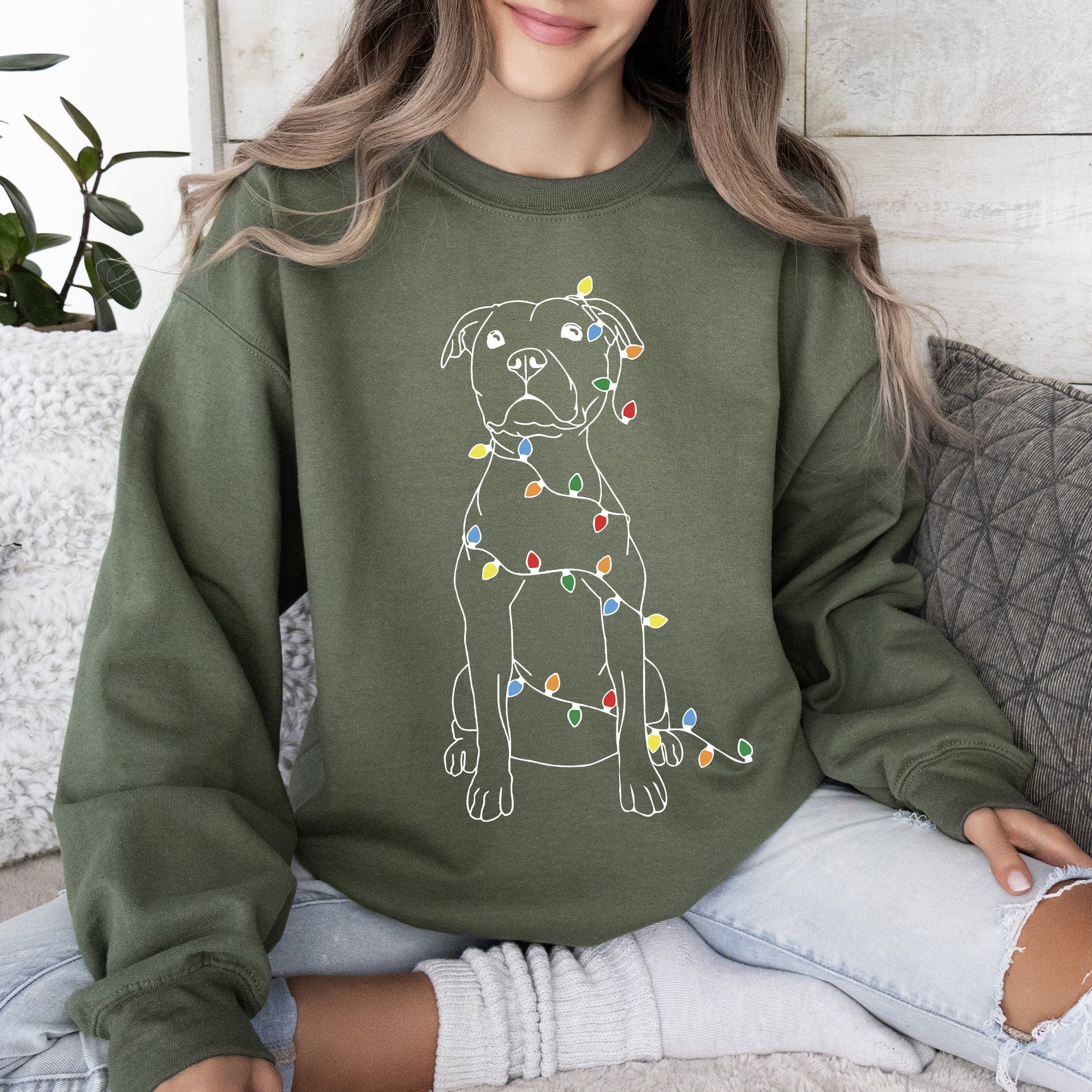 Christmas Pit Bull Lights Santa Dog Lover Holiday Cheer Seasonal Cozy Fleece Sweatshirt