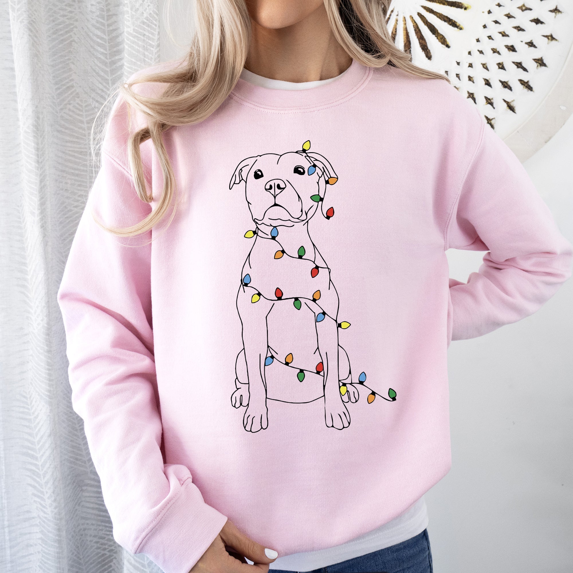 Christmas Pit Bull Lights Santa Dog Lover Holiday Cheer Seasonal Cozy Fleece Sweatshirt