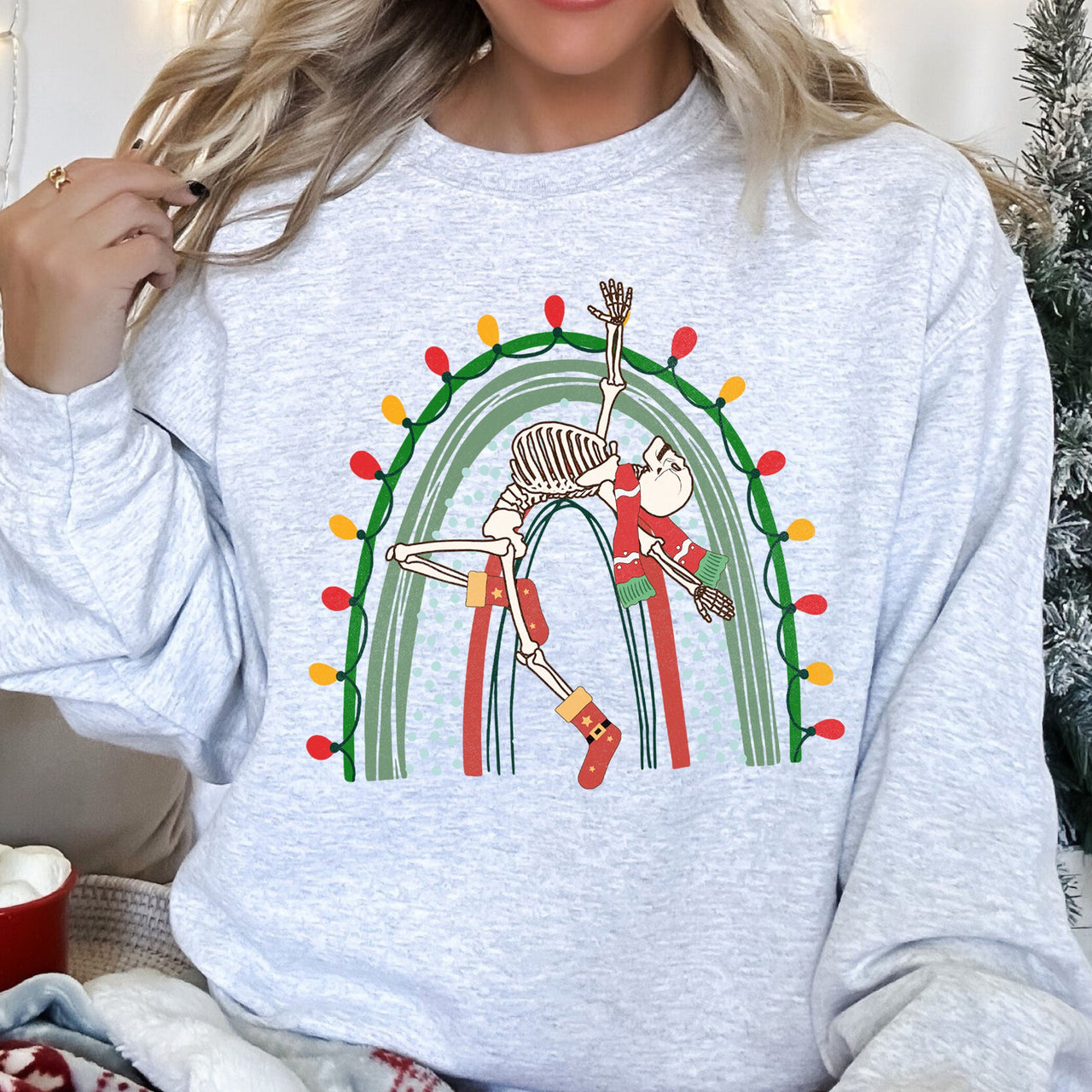 Christmas Rainbow Dancing Skeleton Graphic Sweatshirt