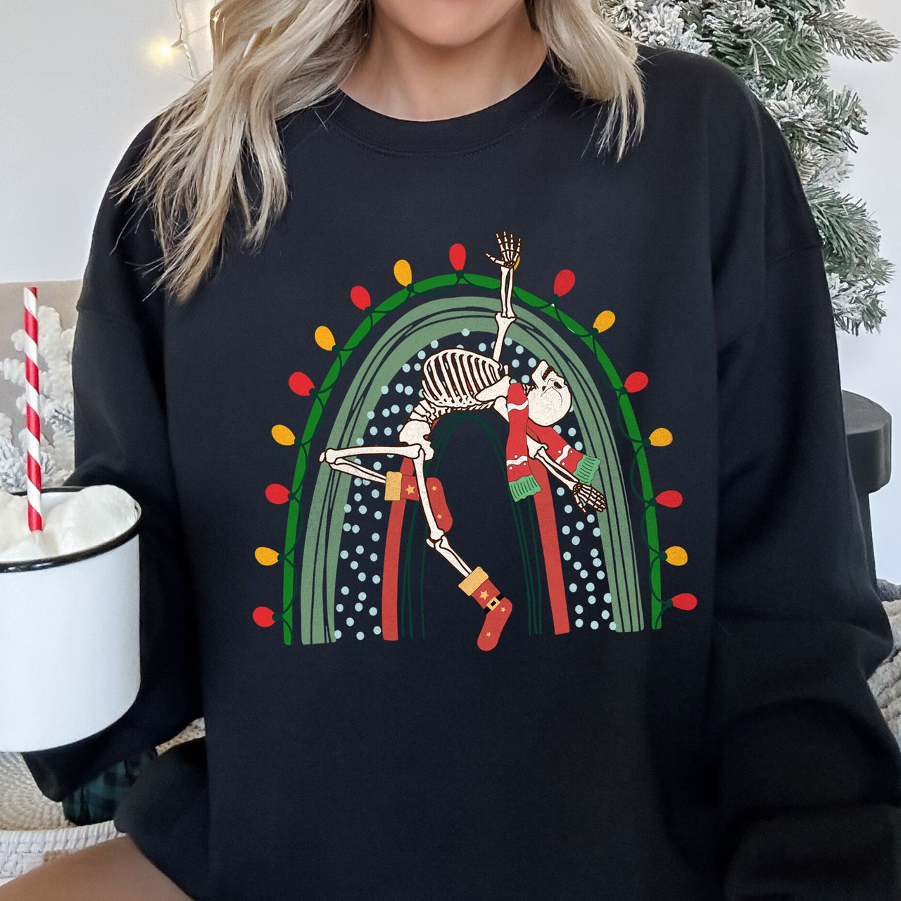 Christmas Rainbow Dancing Skeleton Graphic Sweatshirt