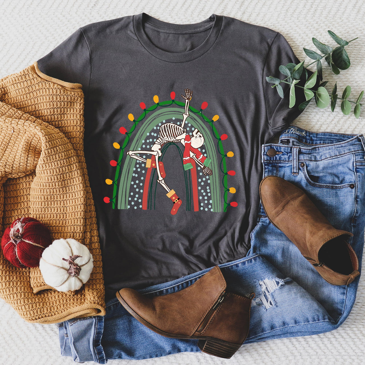 Christmas Rainbow Dancing Skeleton Retro Vintage Holiday Party Night Lights Edition Graphic Tee