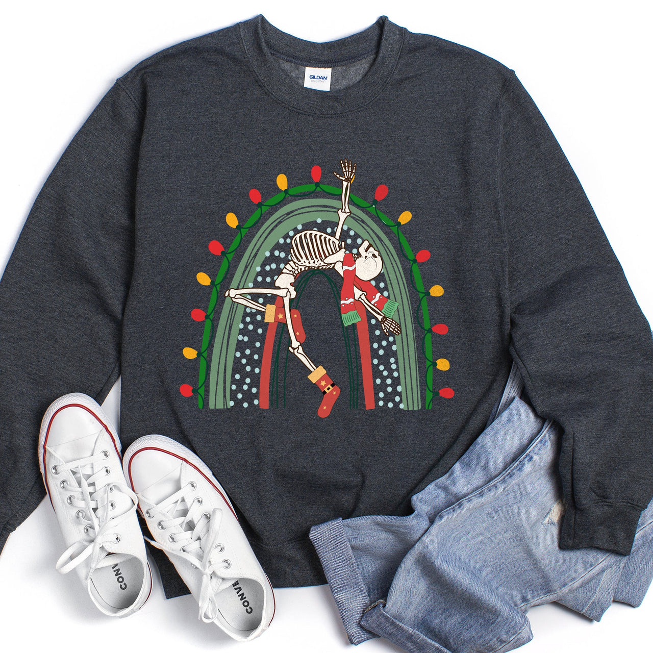 Christmas Rainbow Dancing Skeleton Graphic Sweatshirt