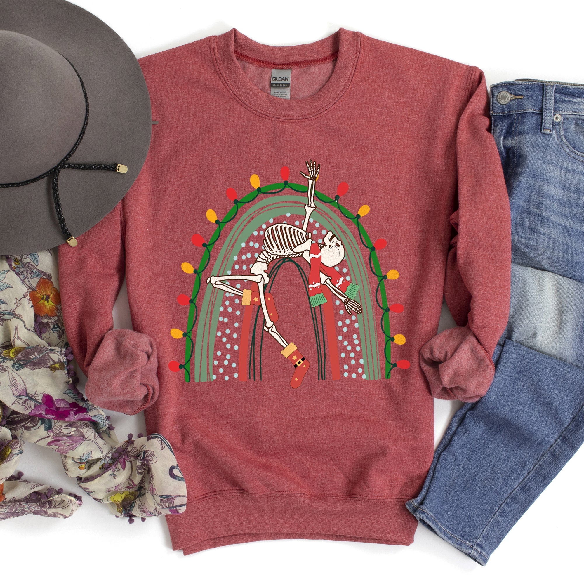 Christmas Rainbow Dancing Skeleton Graphic Sweatshirt