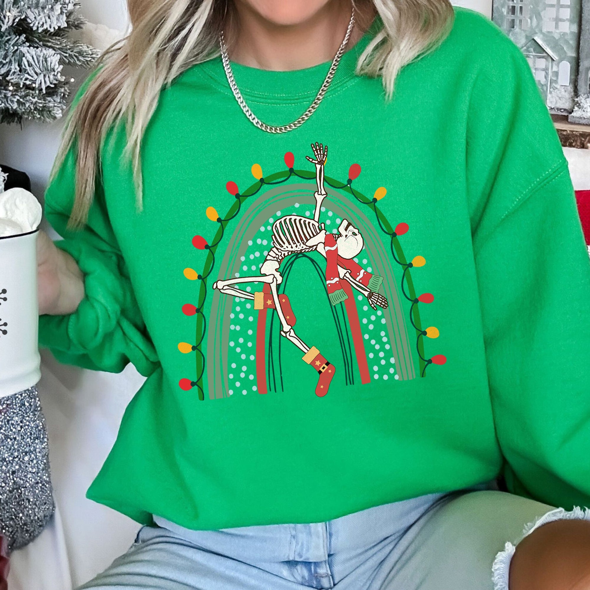 Christmas Rainbow Dancing Skeleton Graphic Sweatshirt