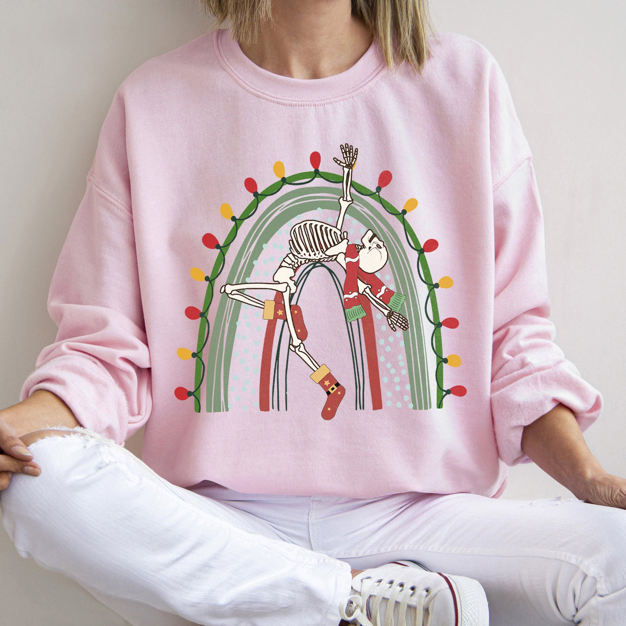 Christmas Rainbow Dancing Skeleton Graphic Sweatshirt