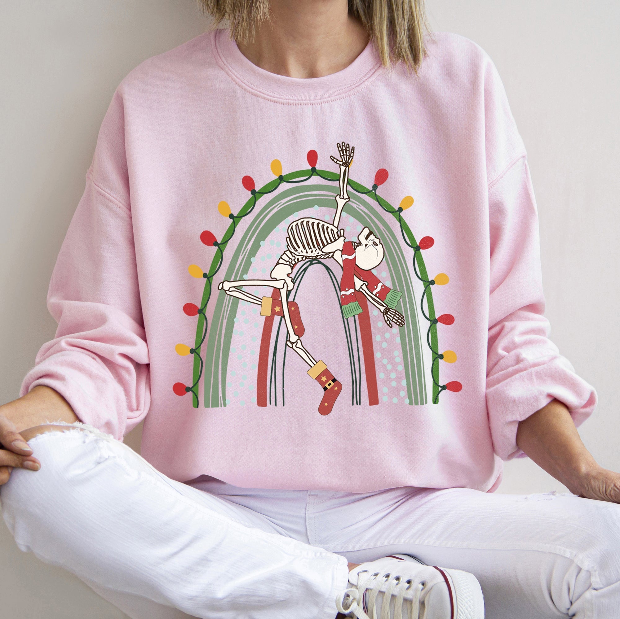 Christmas Rainbow Dancing Skeleton Graphic Sweatshirt