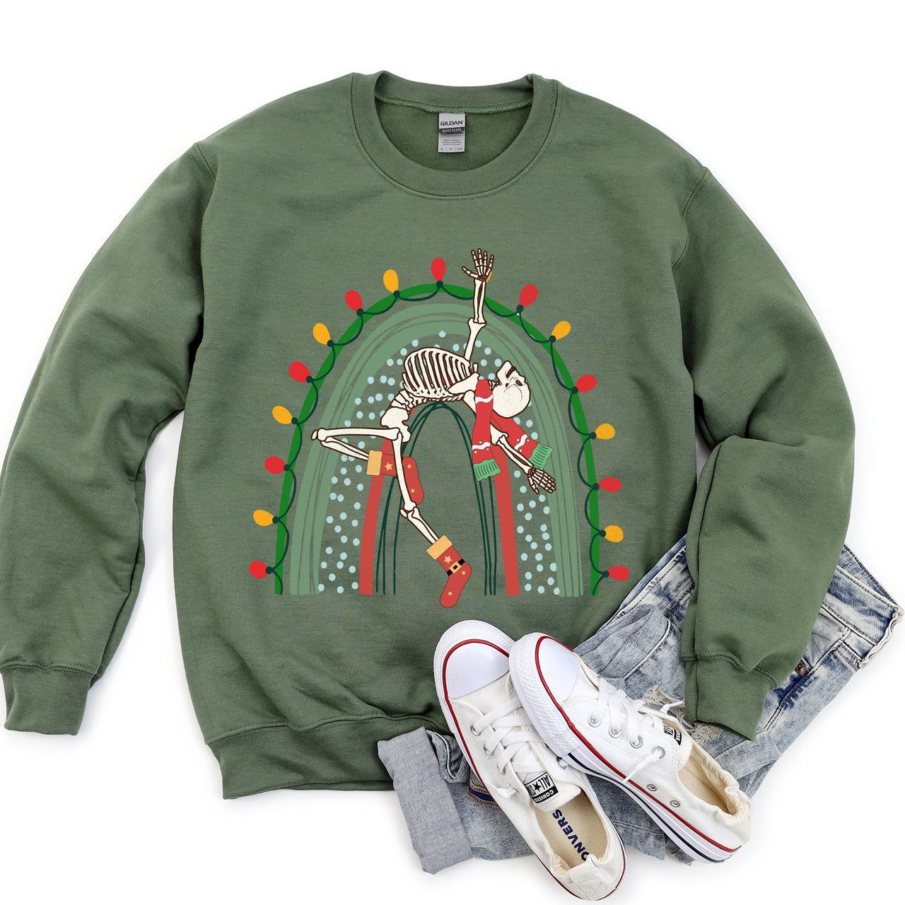 Christmas Rainbow Dancing Skeleton Graphic Sweatshirt