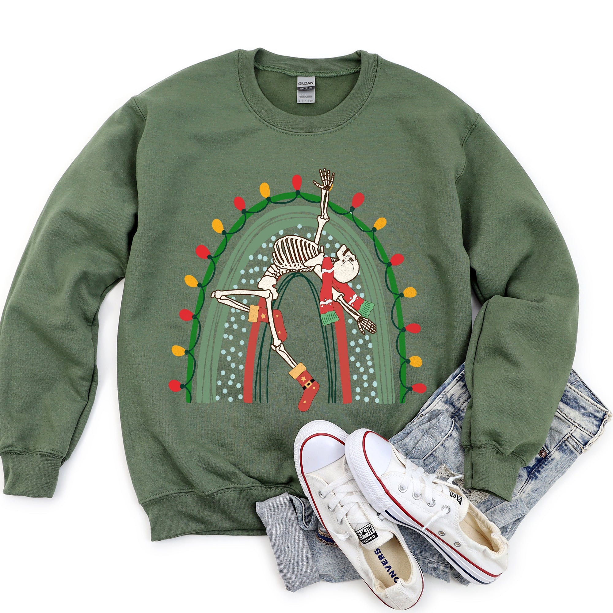 Christmas Rainbow Dancing Skeleton Graphic Sweatshirt