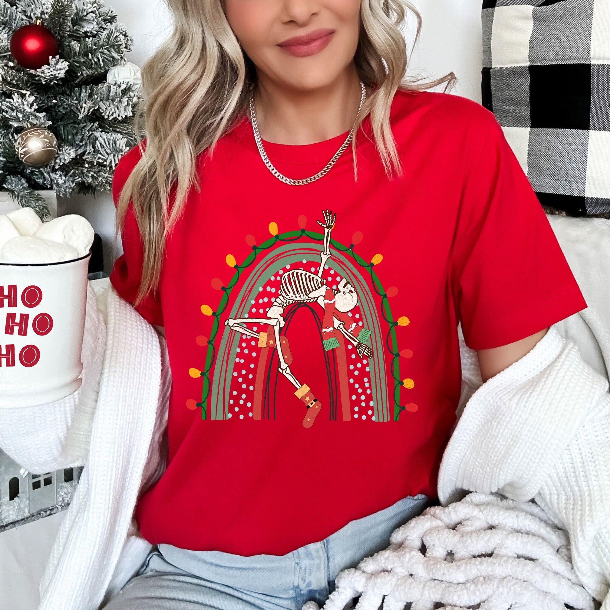 Christmas Rainbow Dancing Skeleton Retro Vintage Holiday Party Night Lights Edition Graphic Tee