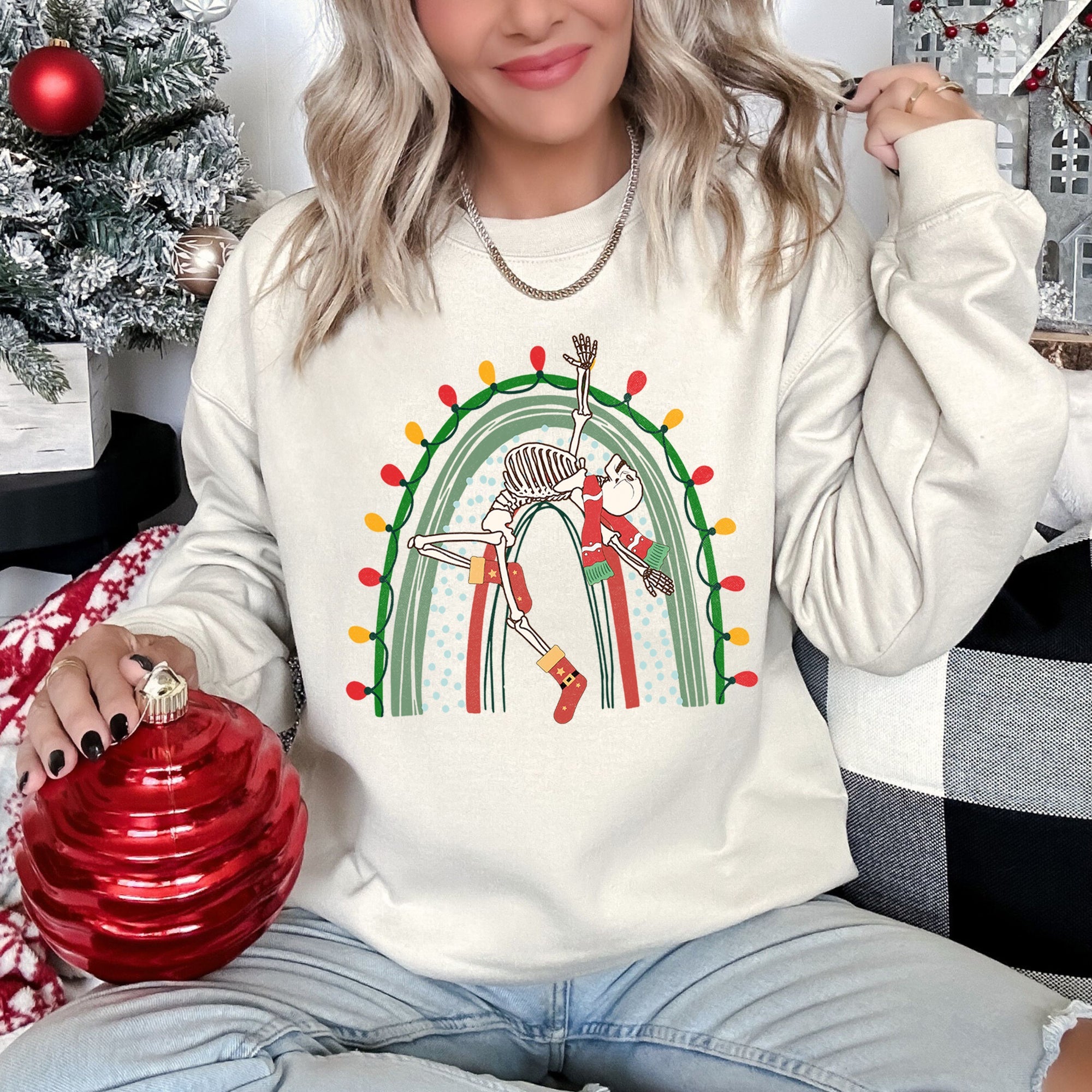 Christmas Rainbow Dancing Skeleton Graphic Sweatshirt