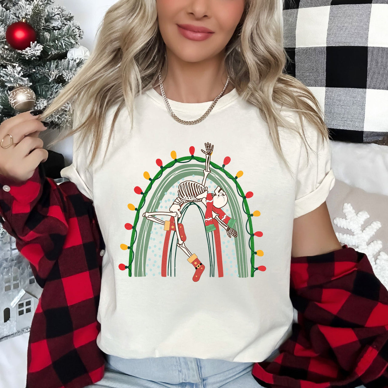 Christmas Rainbow Dancing Skeleton Retro Vintage Holiday Party Night Lights Edition Graphic Tee