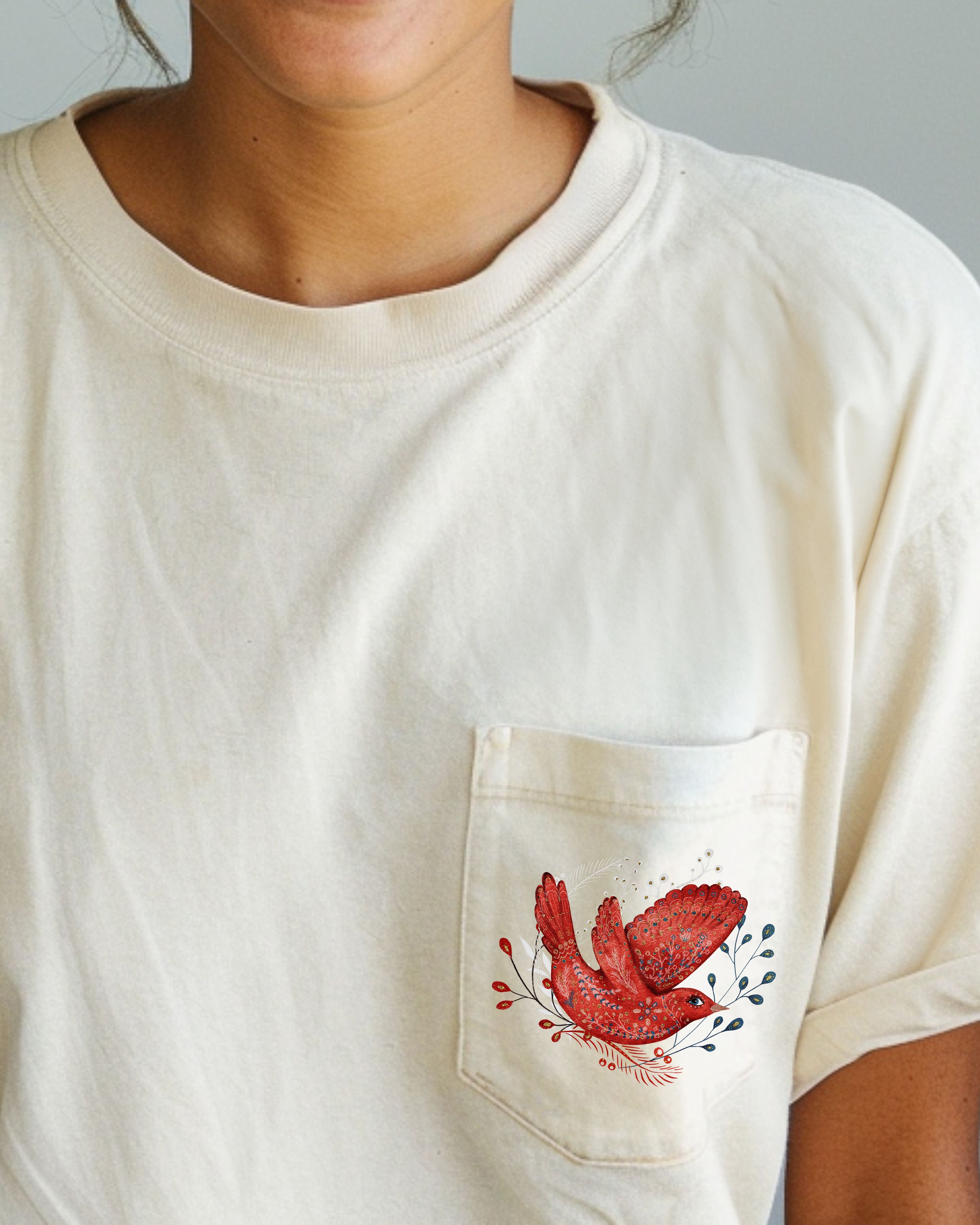 Christmas Red Bird Pocket Folk Art Santa Winter Snow Xmas Flowers Floral Pocket Comfort Colors Tee
