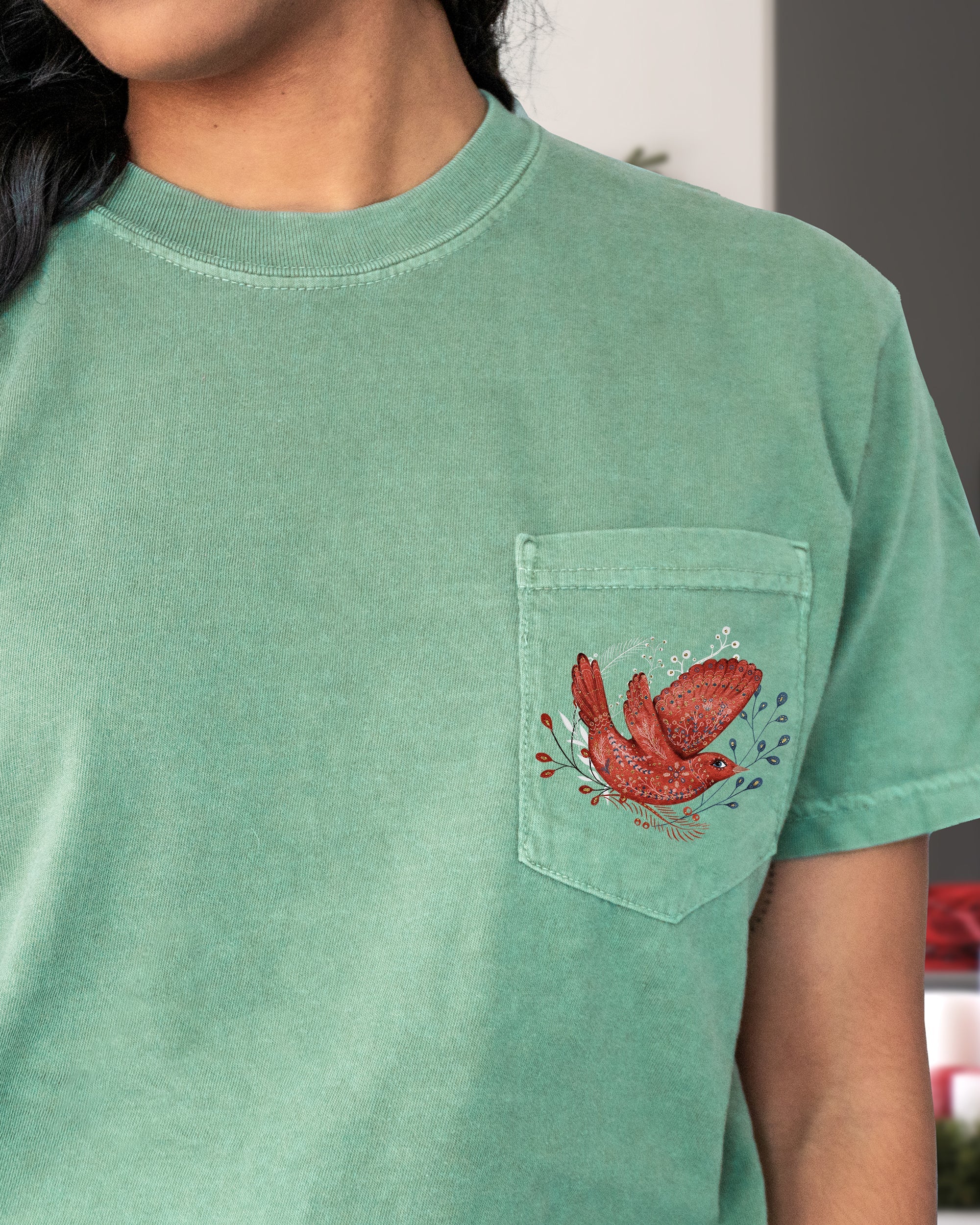 Christmas Red Bird Pocket Folk Art Santa Winter Snow Xmas Flowers Floral Pocket Comfort Colors Tee