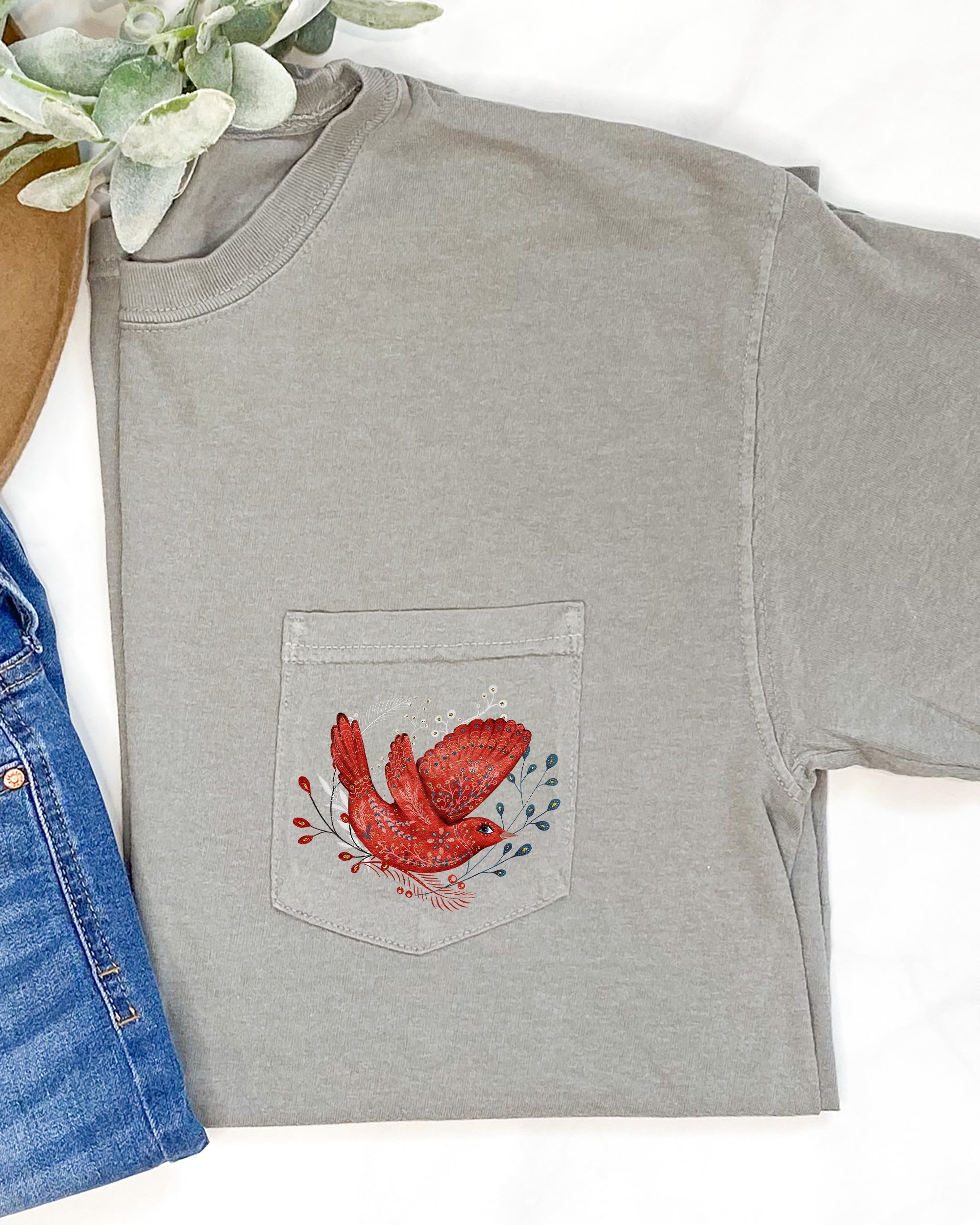 Christmas Red Bird Pocket Folk Art Santa Winter Snow Xmas Flowers Floral Pocket Comfort Colors Tee