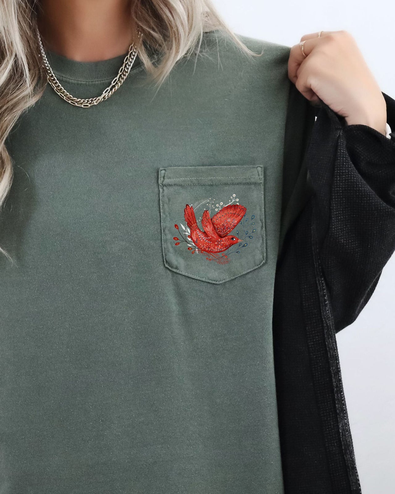 Christmas Red Bird Pocket Folk Art Santa Winter Snow Xmas Flowers Floral Pocket Comfort Colors Tee