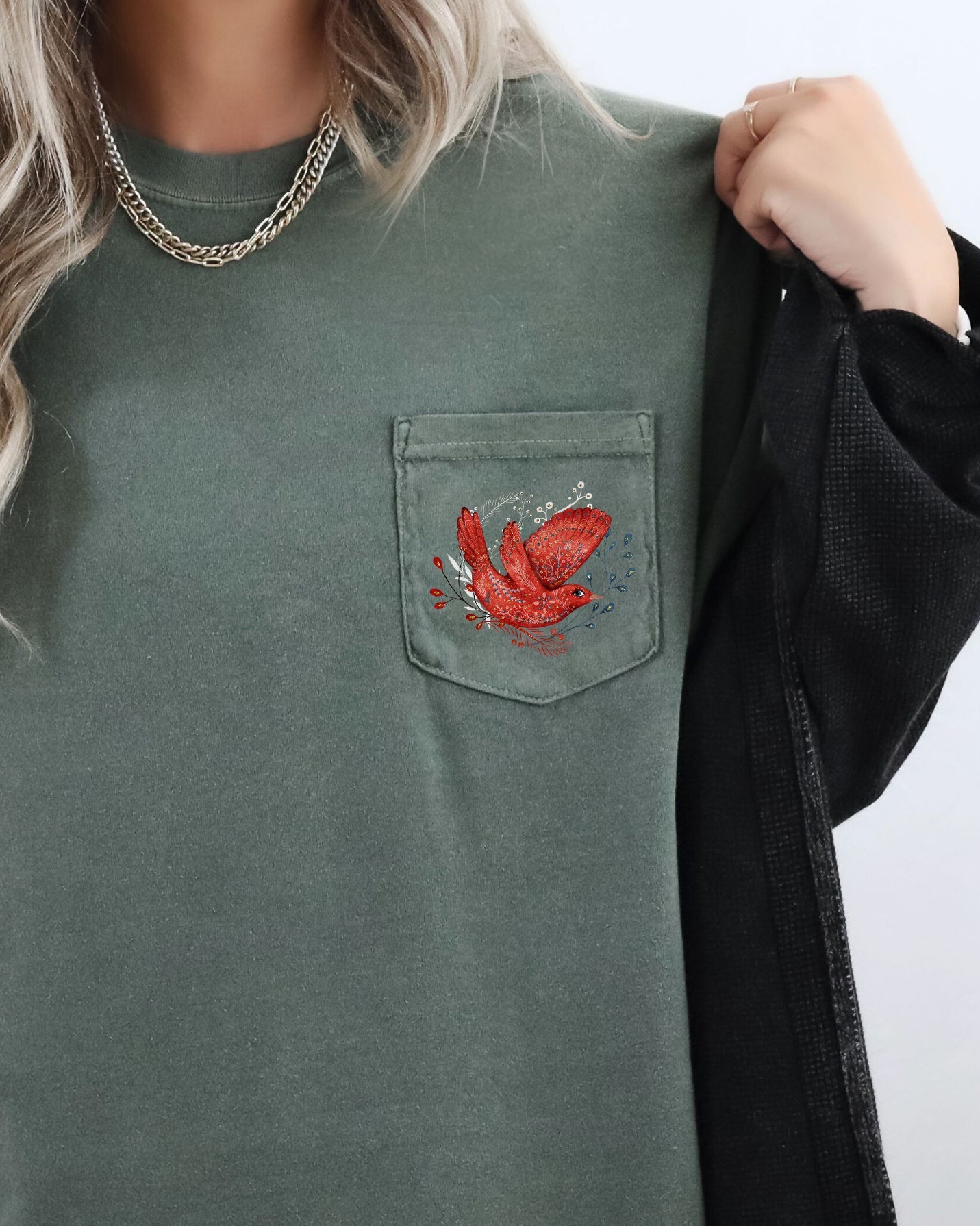 Christmas Red Bird Pocket Folk Art Santa Winter Snow Xmas Flowers Floral Pocket Comfort Colors Tee