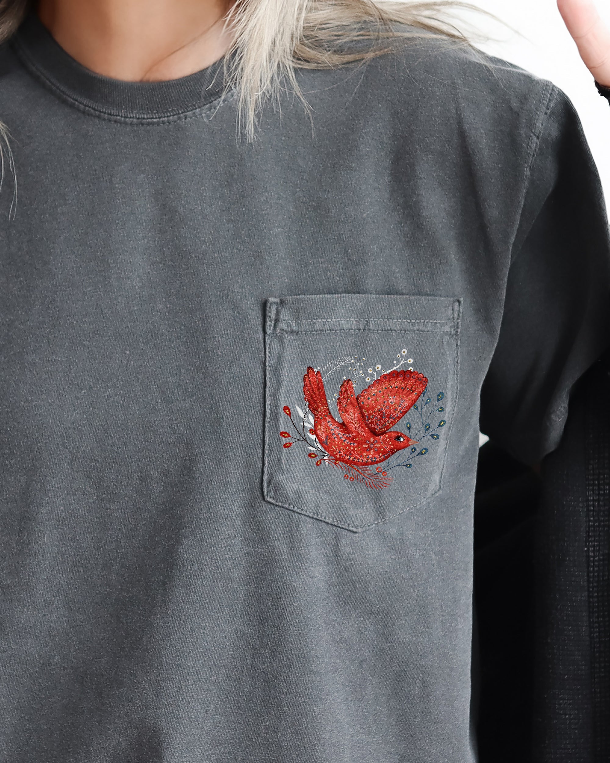Christmas Red Bird Pocket Folk Art Santa Winter Snow Xmas Flowers Floral Pocket Comfort Colors Tee