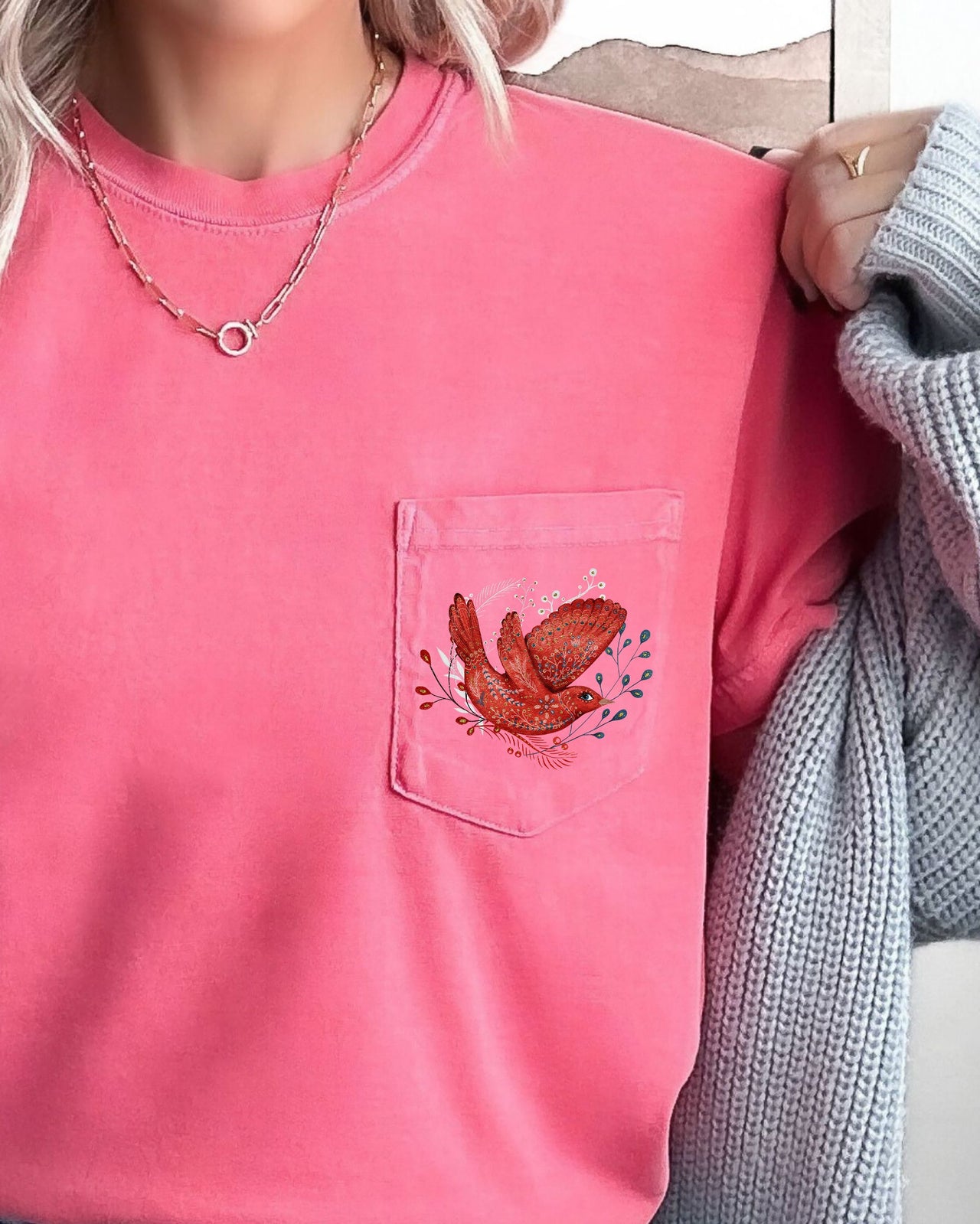 Christmas Red Bird Pocket Folk Art Santa Winter Snow Xmas Flowers Floral Pocket Comfort Colors Tee