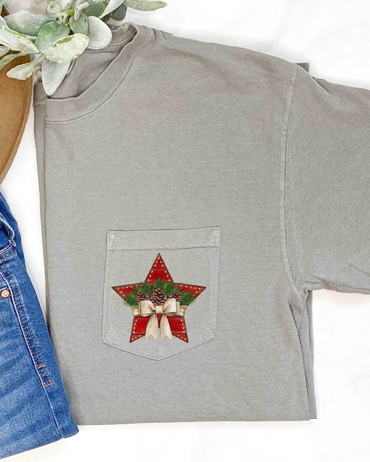 Christmas Star Pocket With Pine Cones And Ribbon Winter Snow Santa Scene Comfort Colors Tee