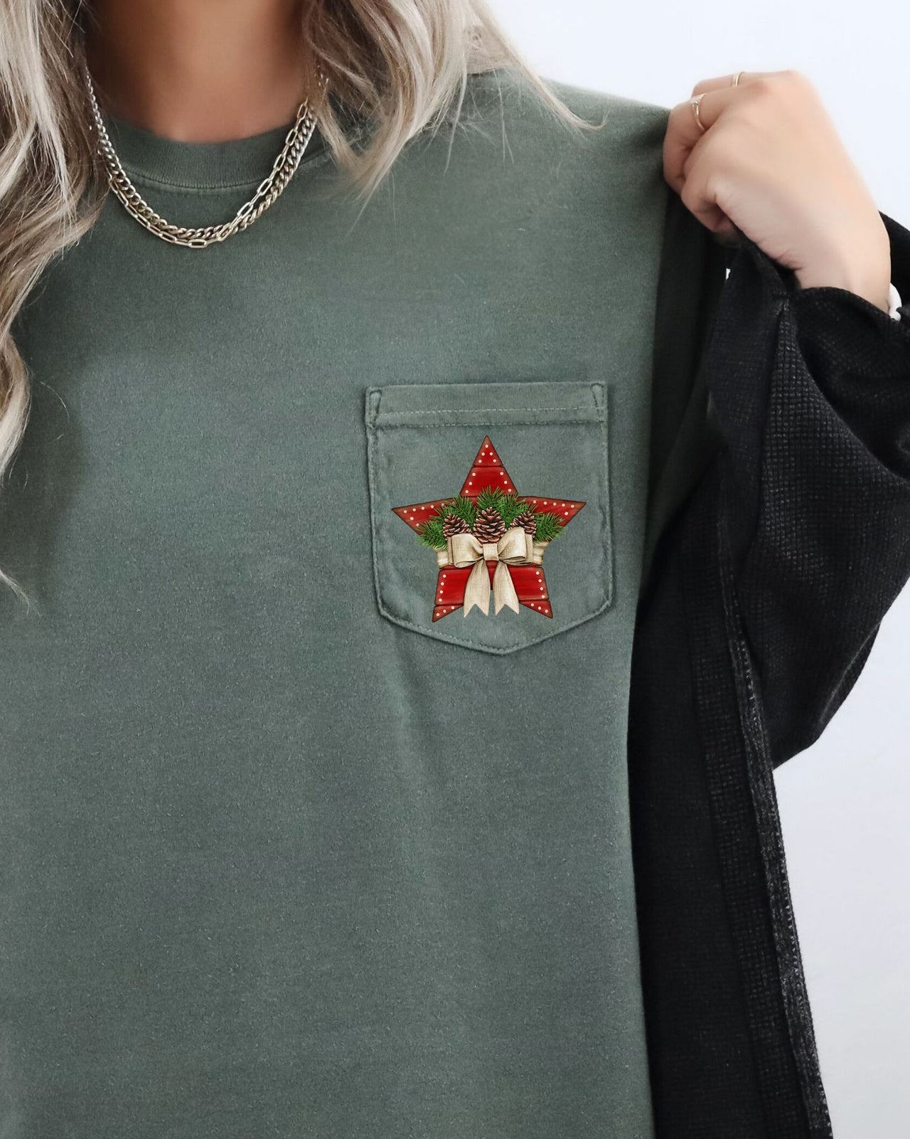 Christmas Star Pocket With Pine Cones And Ribbon Winter Snow Santa Scene Comfort Colors Tee