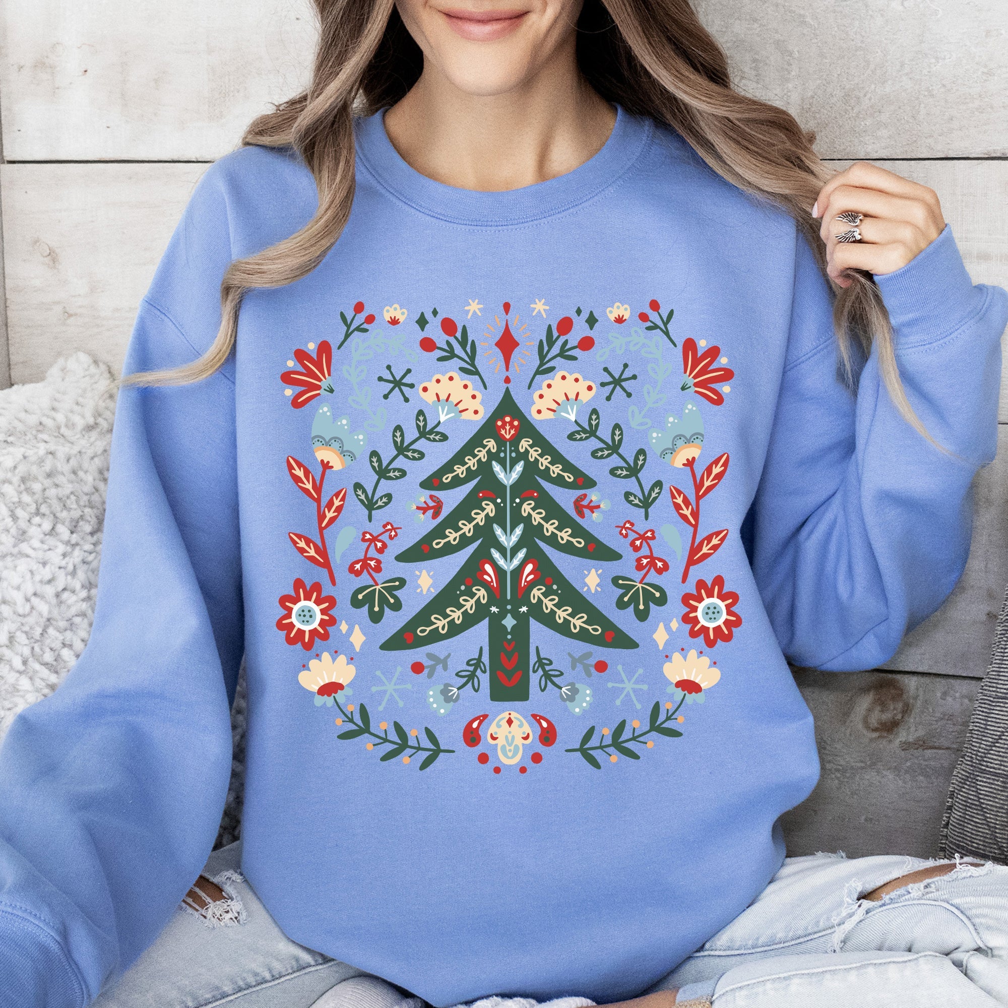 Christmas Tree Folk Art Scandinavian Santa Floral Classic Cozy Holiday Scene Sweatshirt