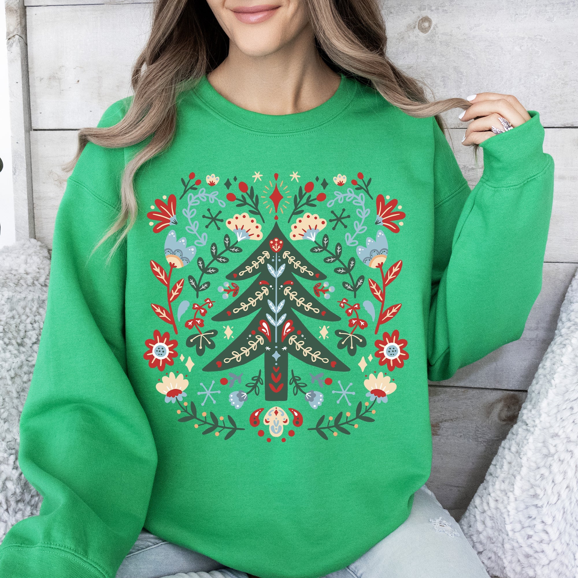 Christmas Tree Folk Art Scandinavian Santa Floral Classic Cozy Holiday Scene Sweatshirt