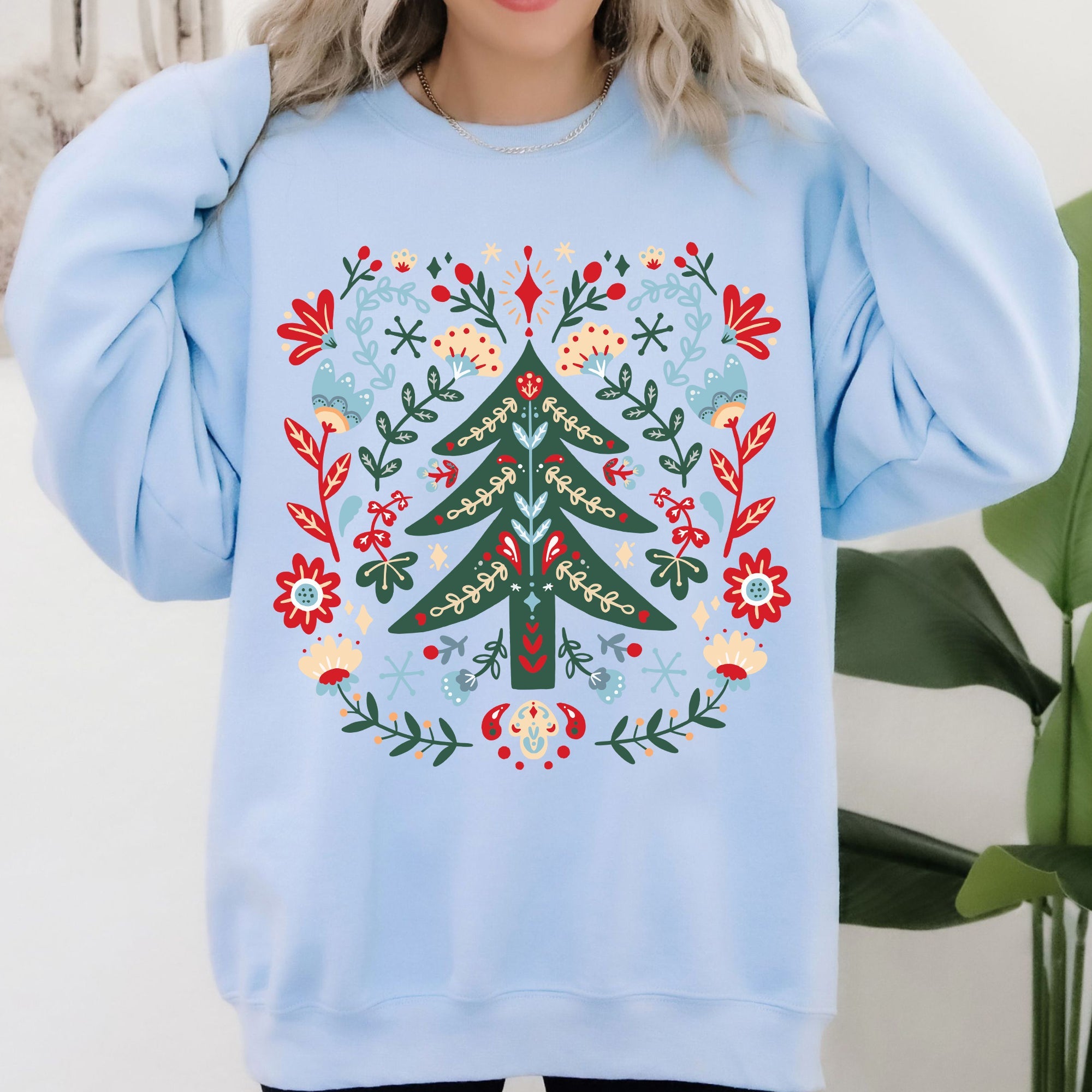 Christmas Tree Folk Art Scandinavian Santa Floral Classic Cozy Holiday Scene Sweatshirt