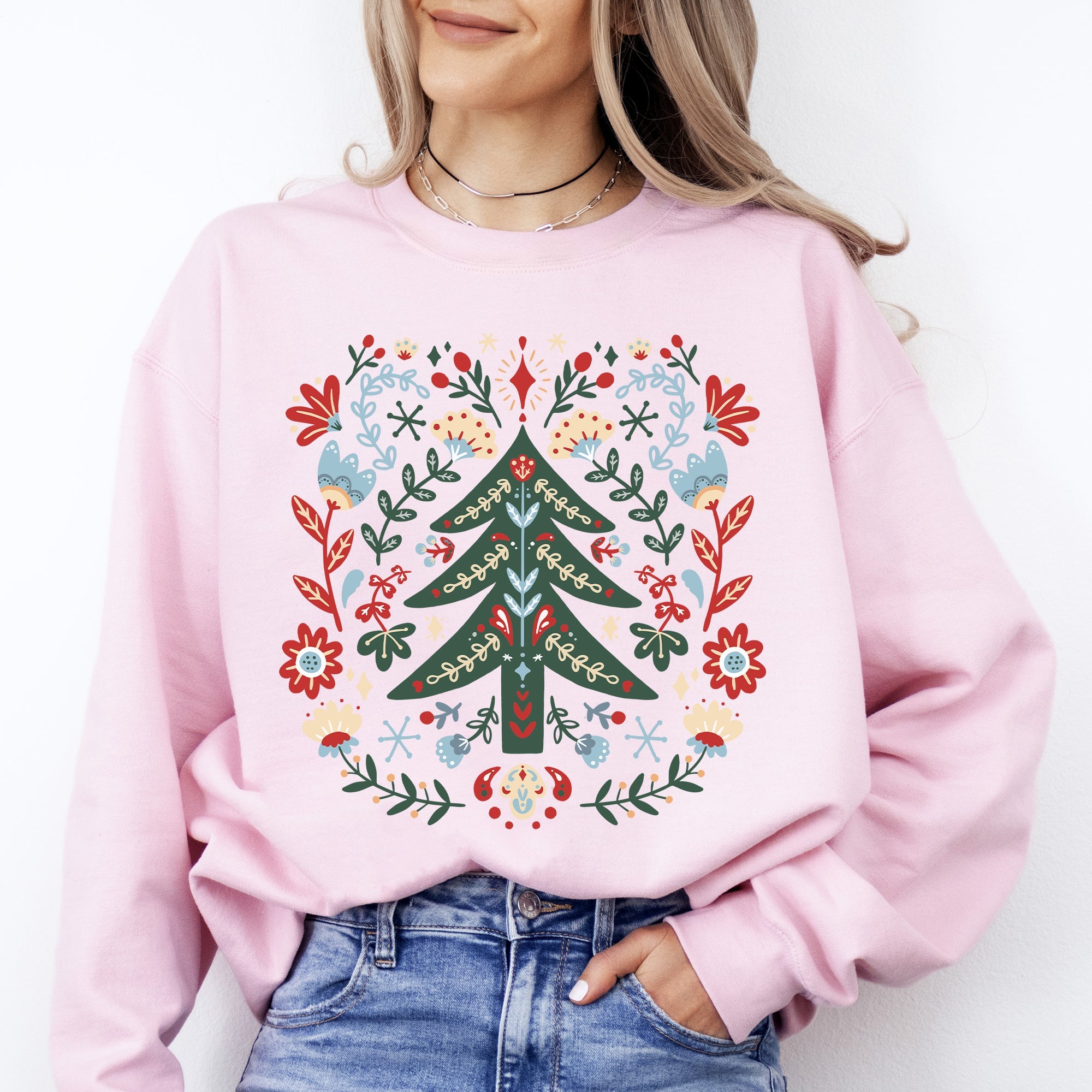 Christmas Tree Folk Art Scandinavian Santa Floral Classic Cozy Holiday Scene Sweatshirt