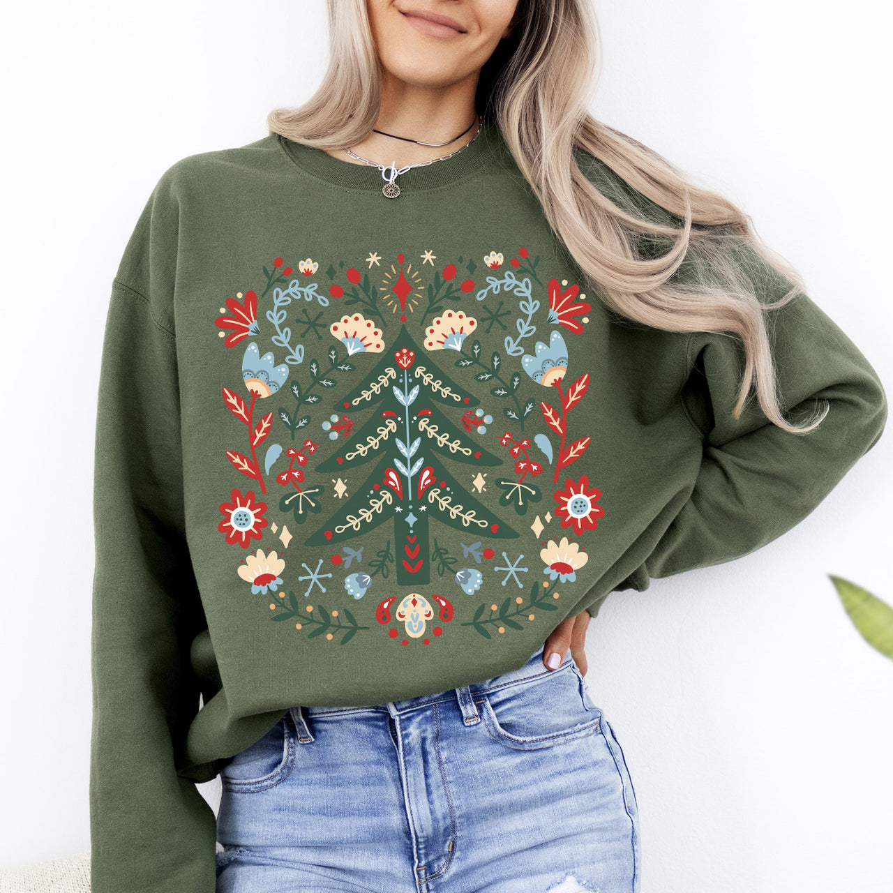Christmas Tree Folk Art Scandinavian Santa Floral Classic Cozy Holiday Scene Sweatshirt