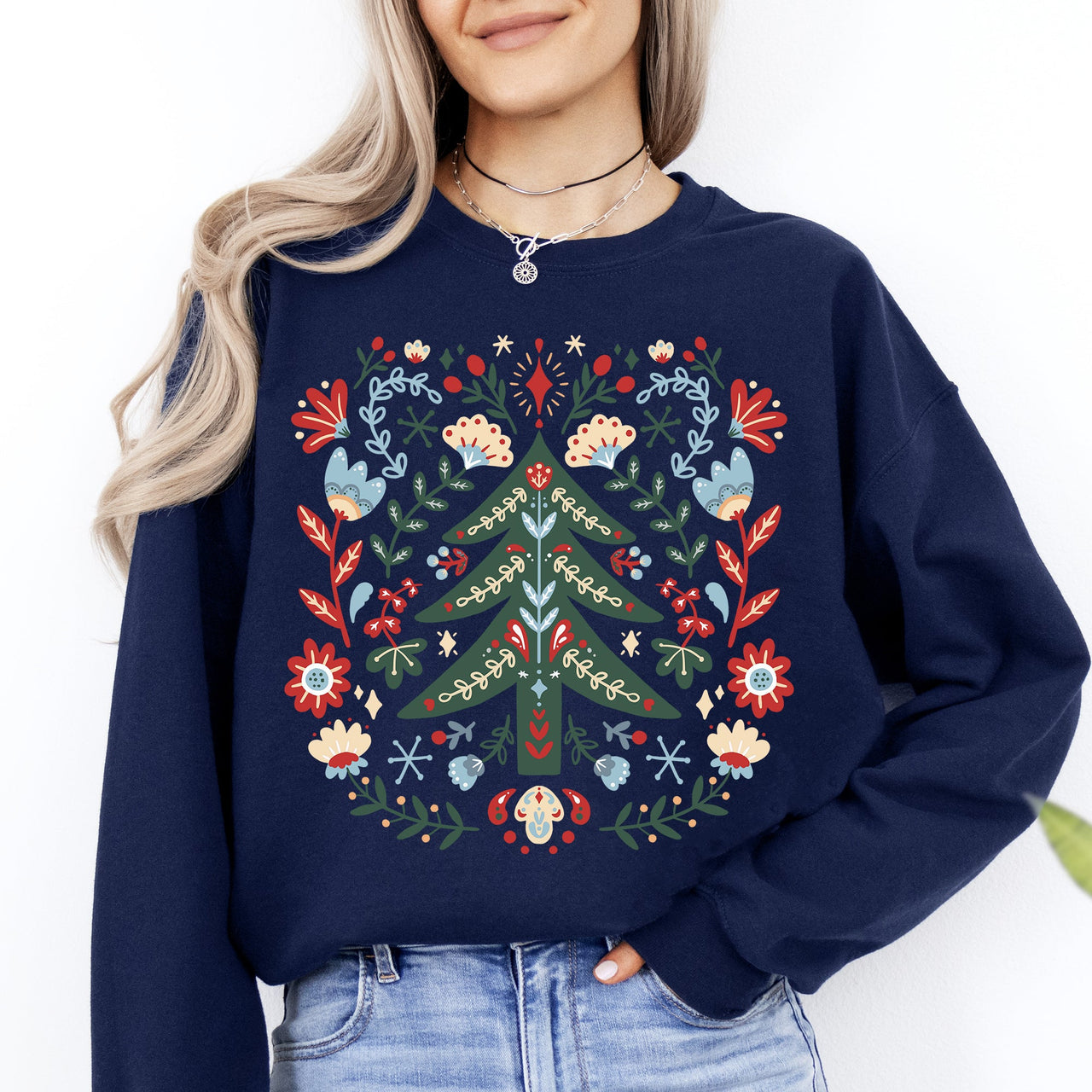 Christmas Tree Folk Art Scandinavian Santa Floral Classic Cozy Holiday Scene Sweatshirt