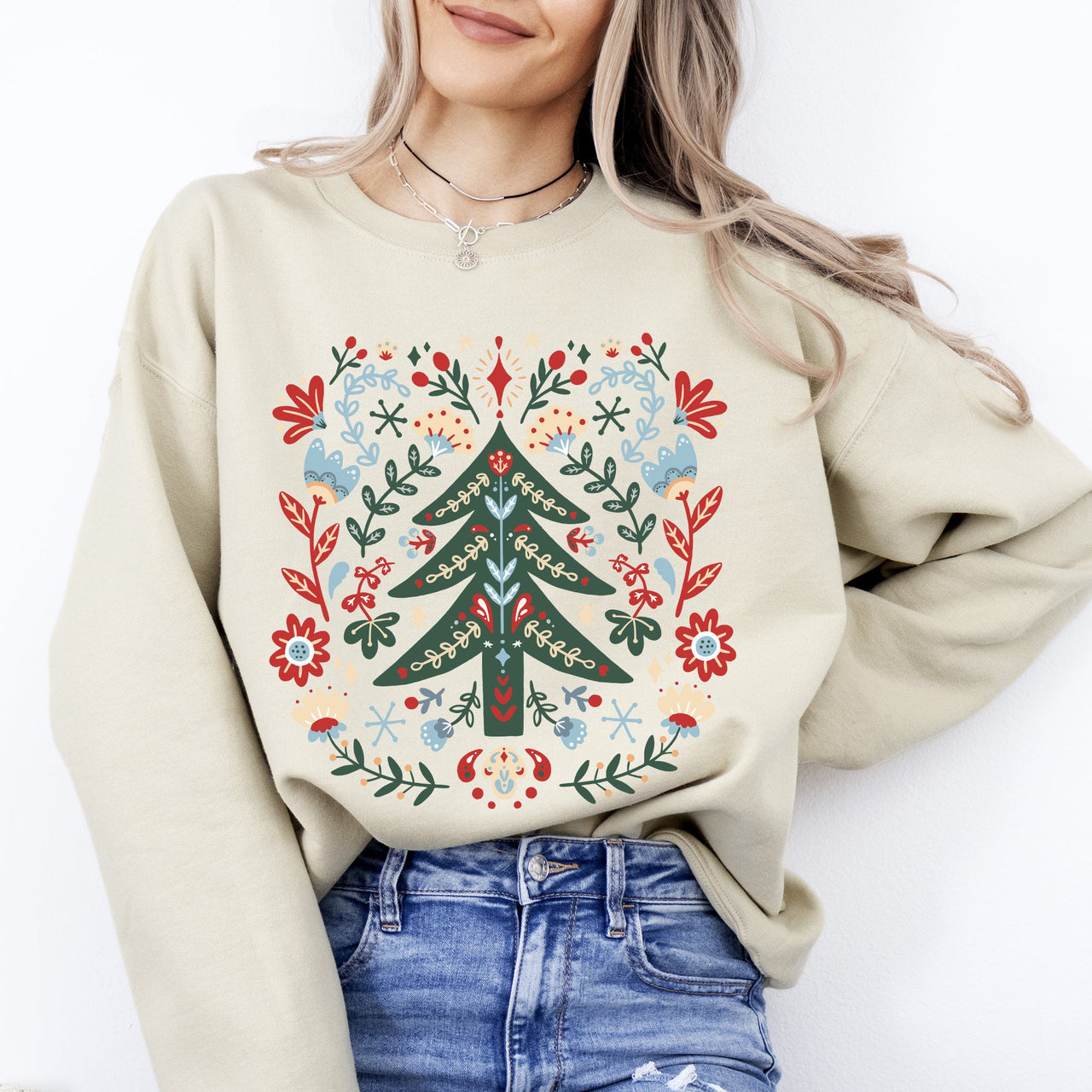 Christmas Tree Folk Art Scandinavian Santa Floral Classic Cozy Holiday Scene Sweatshirt